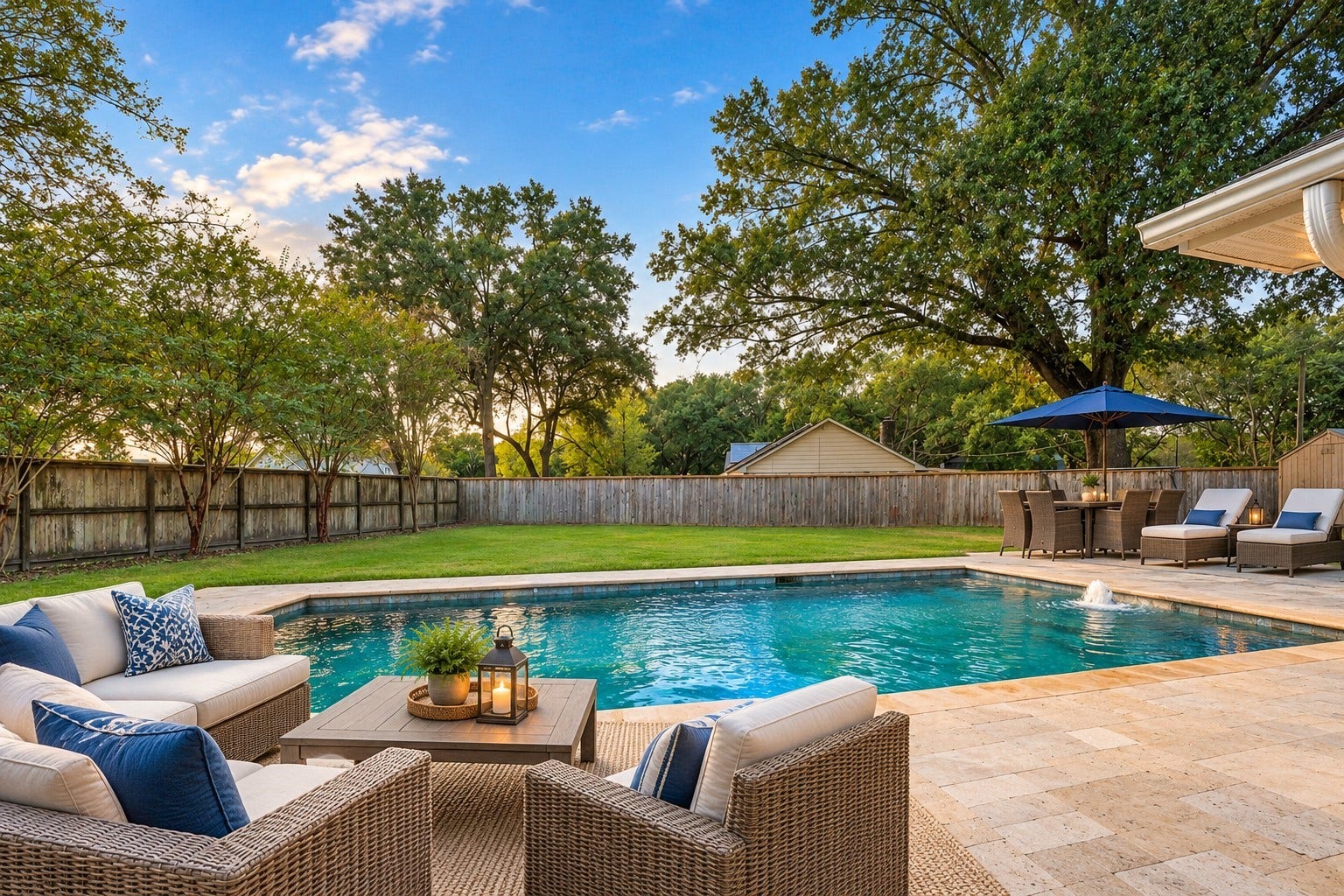 22107 Rosewood Trail, Tomball, TX 77377 Virtually Staged: Large, Fully-Fenced Back Yard with Dark Blue In-Ground Gunite Pool with Fountain & Sprays.