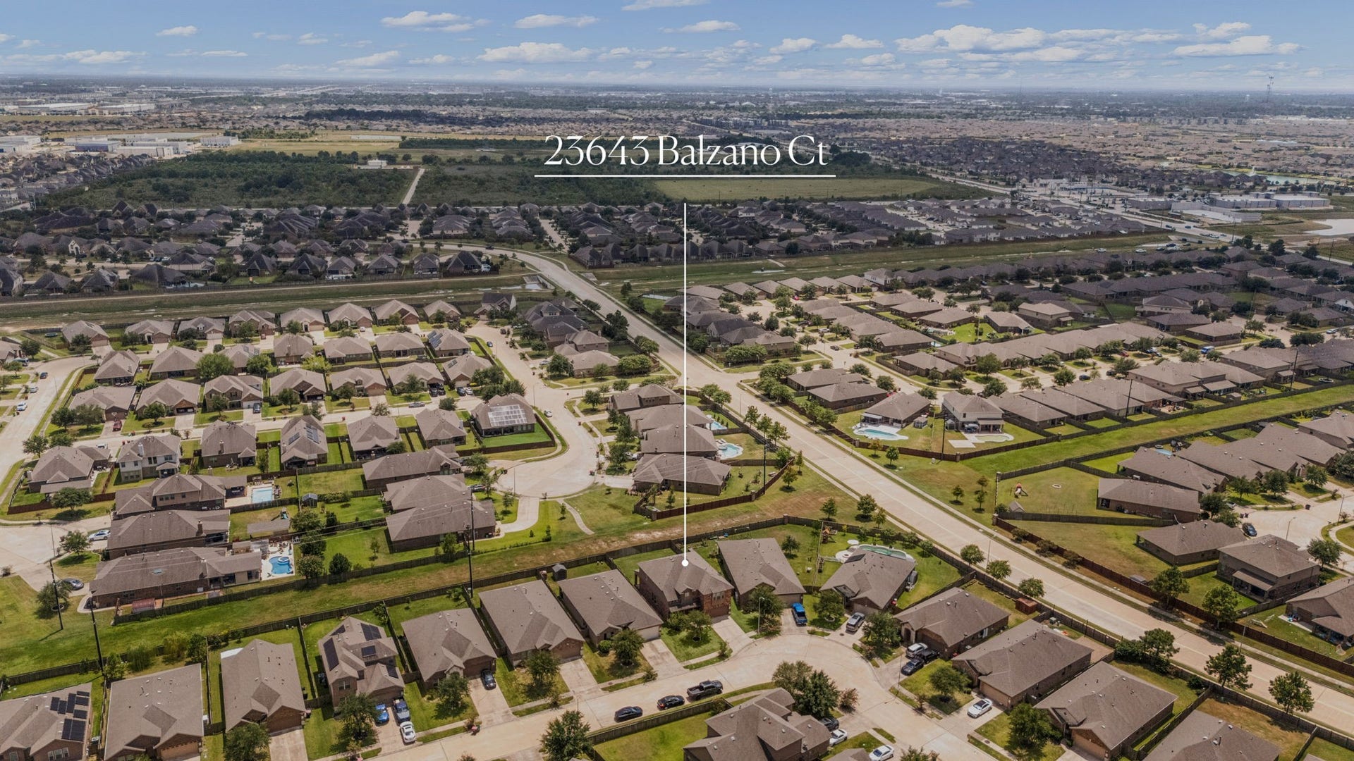 23643 Balzano Court, Katy, TX 77493 Elevated aerial overview framing the premium neighborhood positioning, resort-style lakes, and central community infrastructure of Ventana Lakes.