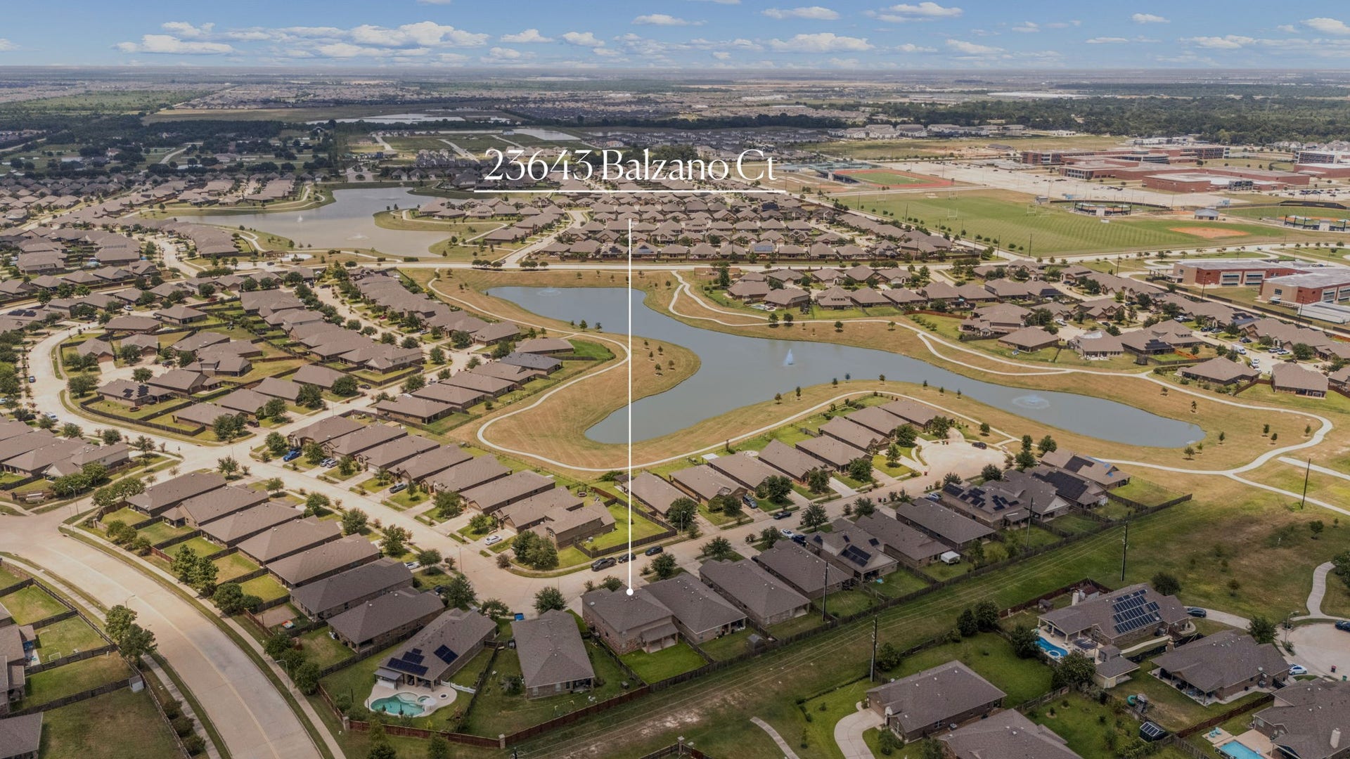 23643 Balzano Court, Katy, TX 77493 Breathtaking high-altitude drone overview capturing the sprawling beauty and master-planned precision of the highly desirable Ventana Lakes.