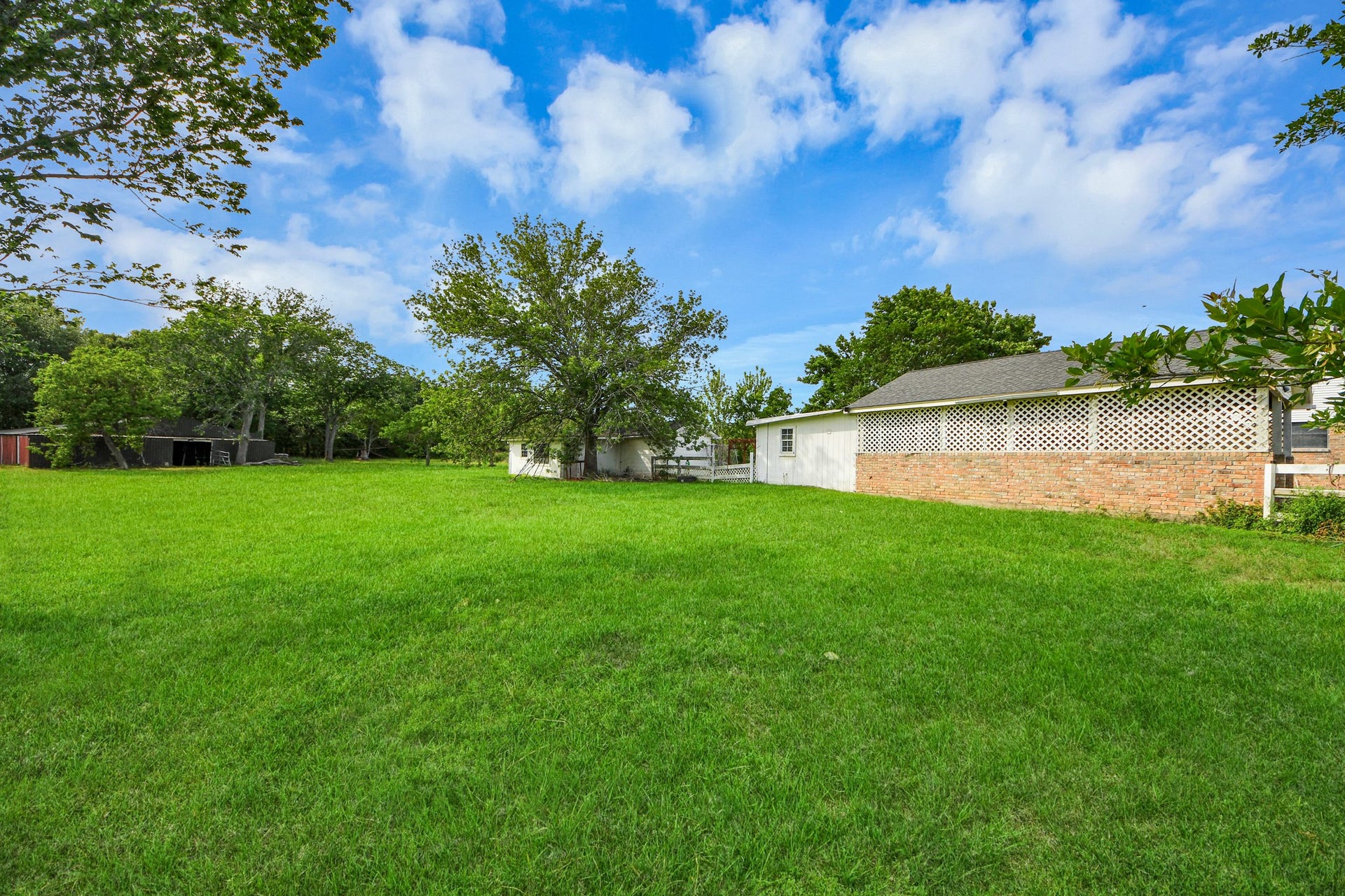 12746 Roy Road, Pearland, TX 77581 Spacious backyard with lush green grass, mature trees, and a partially brick exterior building, perfect for outdoor activities and relaxation.