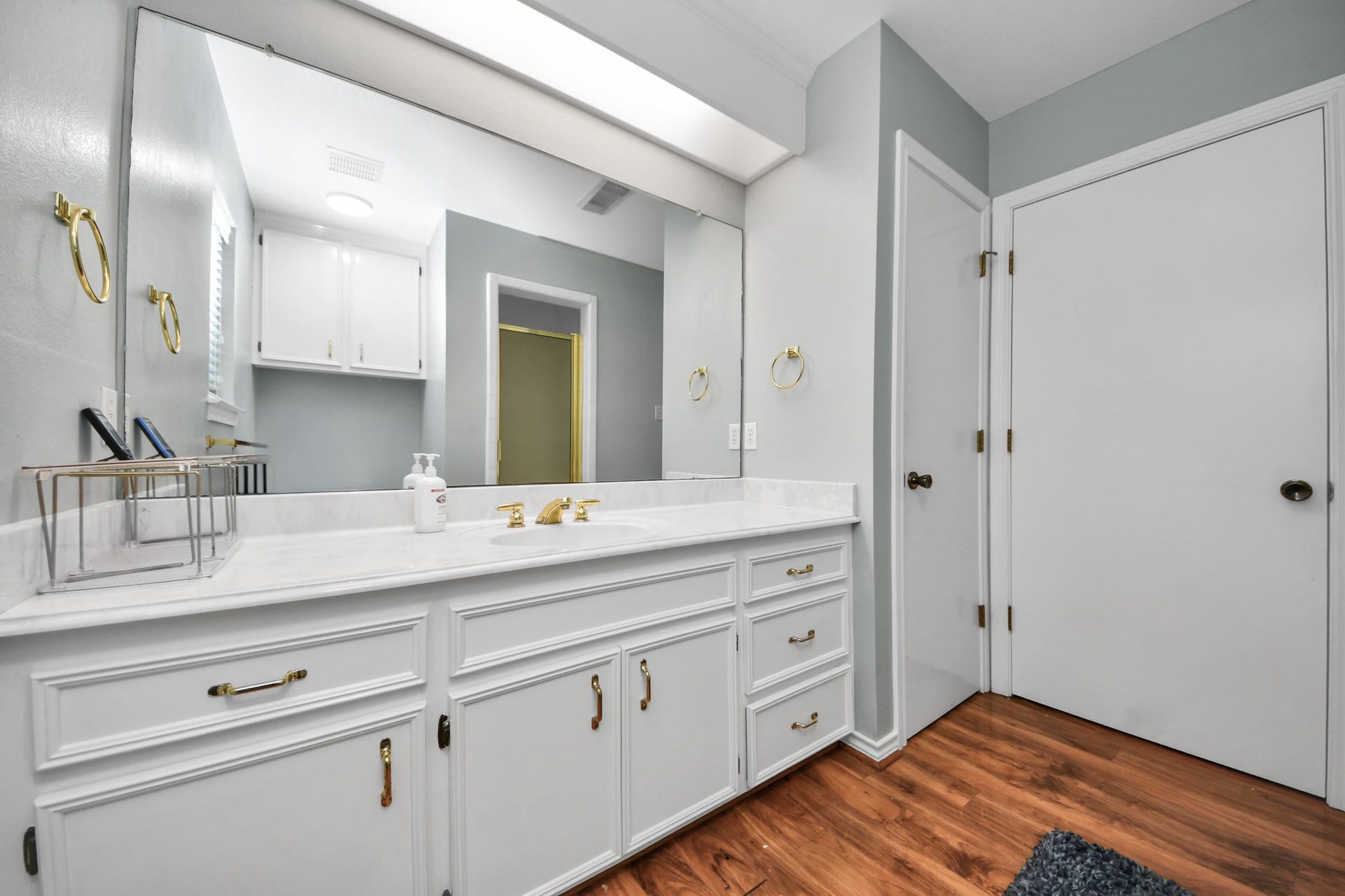 12746 Roy Road, Pearland, TX 77581 This bathroom features a spacious vanity with a large mirror, white cabinetry, and gold fixtures. It has wood-style flooring and ample natural light, creating a bright and inviting space.