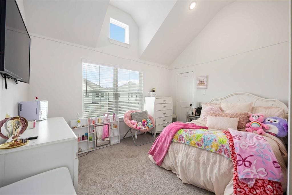 Virtually Staged - This cozy bedroom features a vaulted ceiling with a skylight, large window for natural light, and plush carpeting. It includes a bed with vibrant bedding, a wall-mounted TV, and ample storage with a chest of drawers and shelving. Perfect for a bright and cheerful personal space.