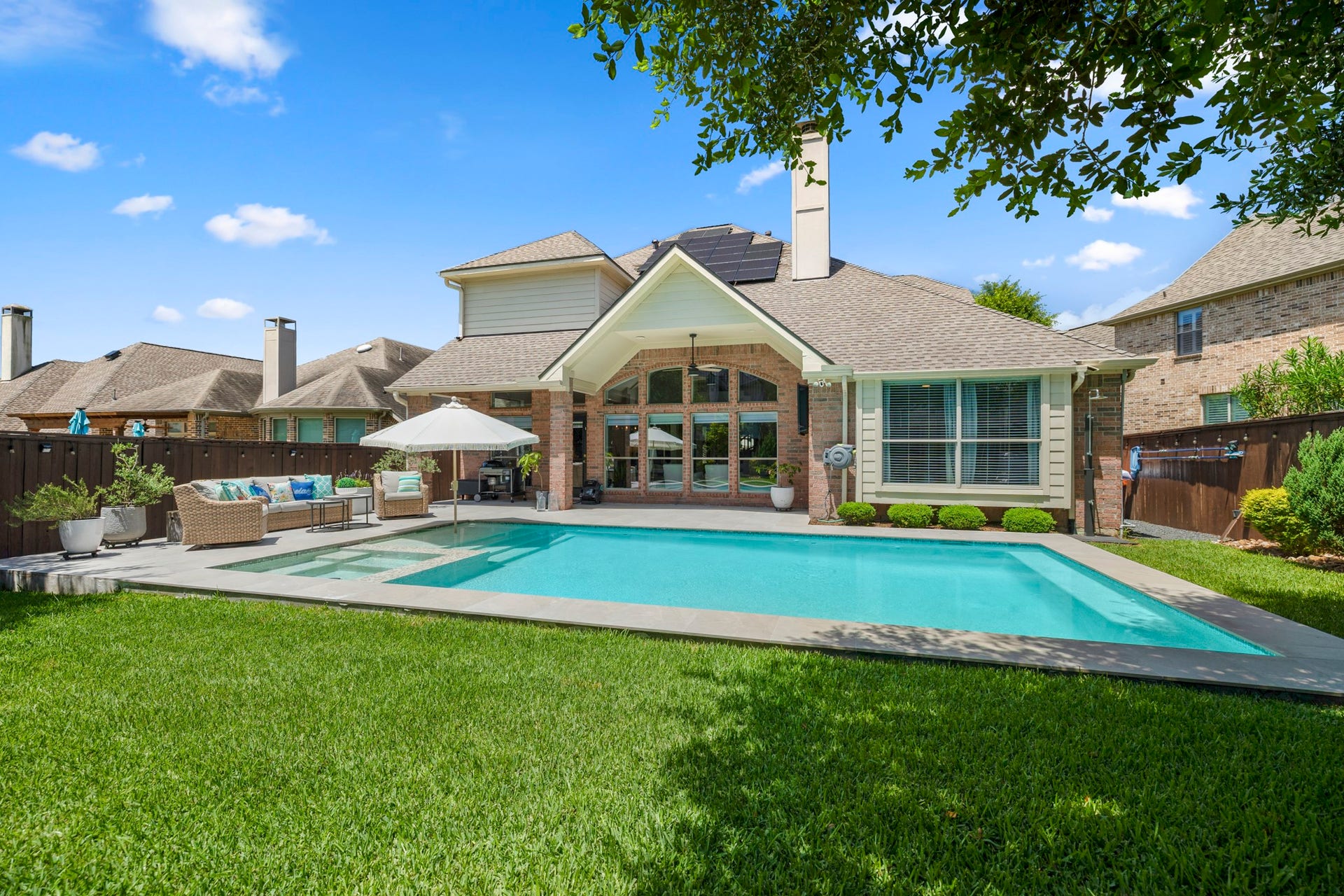 26 Winhall Place, The Woodlands, TX 77354 Backyard Oasis with new pool, spa and outdoor shower.