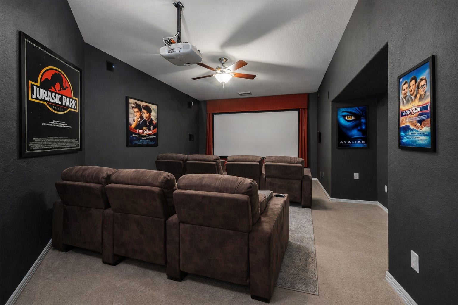 26418 Cottage Cypress Lane, Cypress, TX 77433 **Virtually Staged** Step into this spacious media room designed for the ultimate movie-night experience. With ample space for multiple rows of seating, this room easily rivals your favorite movie theater. The dedicated layout, projector setup, and immersive atmosphere make it perfect for entertaining, family gatherings, or relaxing with your favorite films.