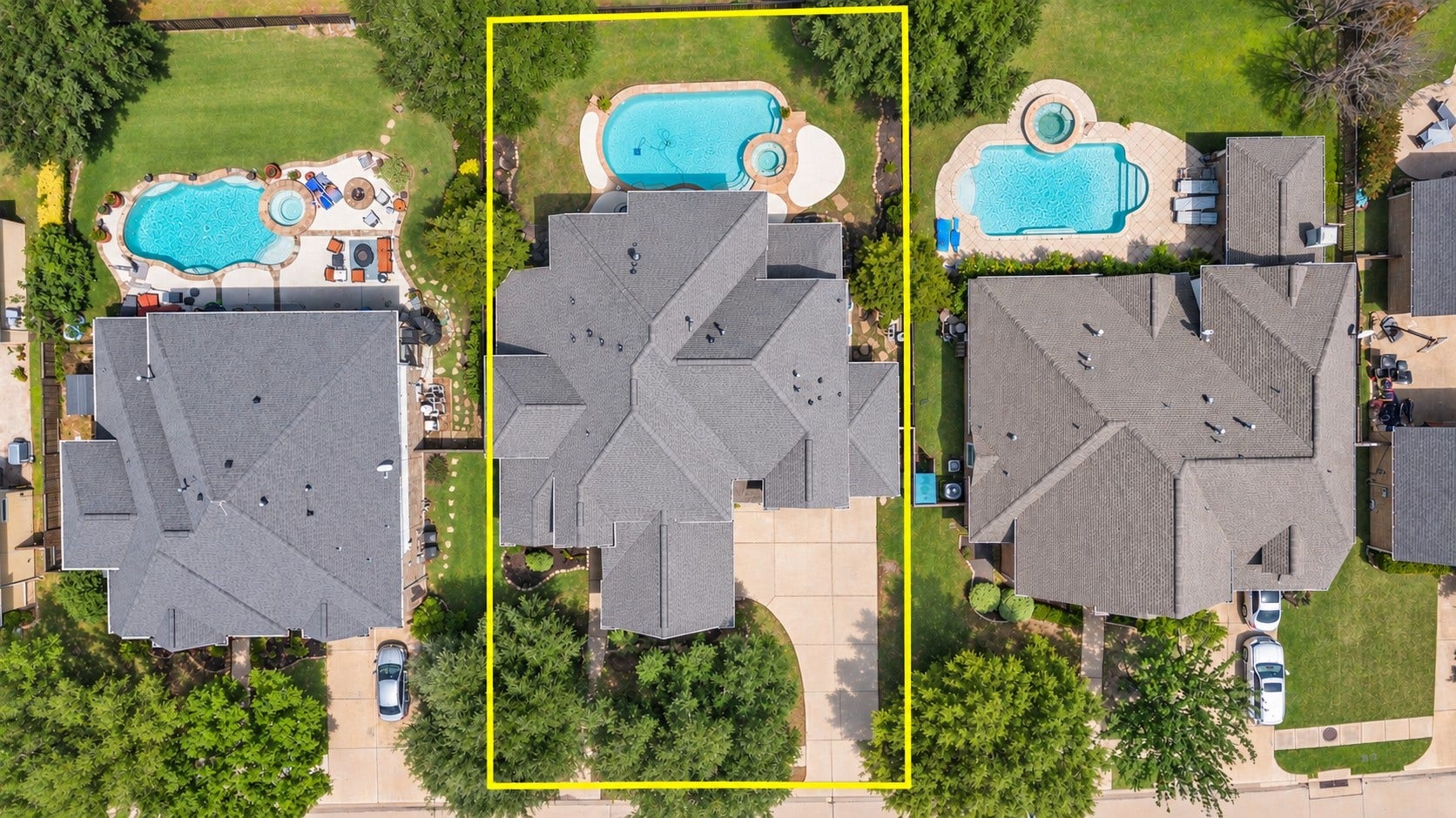 26418 Cottage Cypress Lane, Cypress, TX 77433 Aerial view outlining the property's generous lot, showcasing the expansive roofline, custom pool and spa, and the thoughtful placement within this established, tree-lined community.
