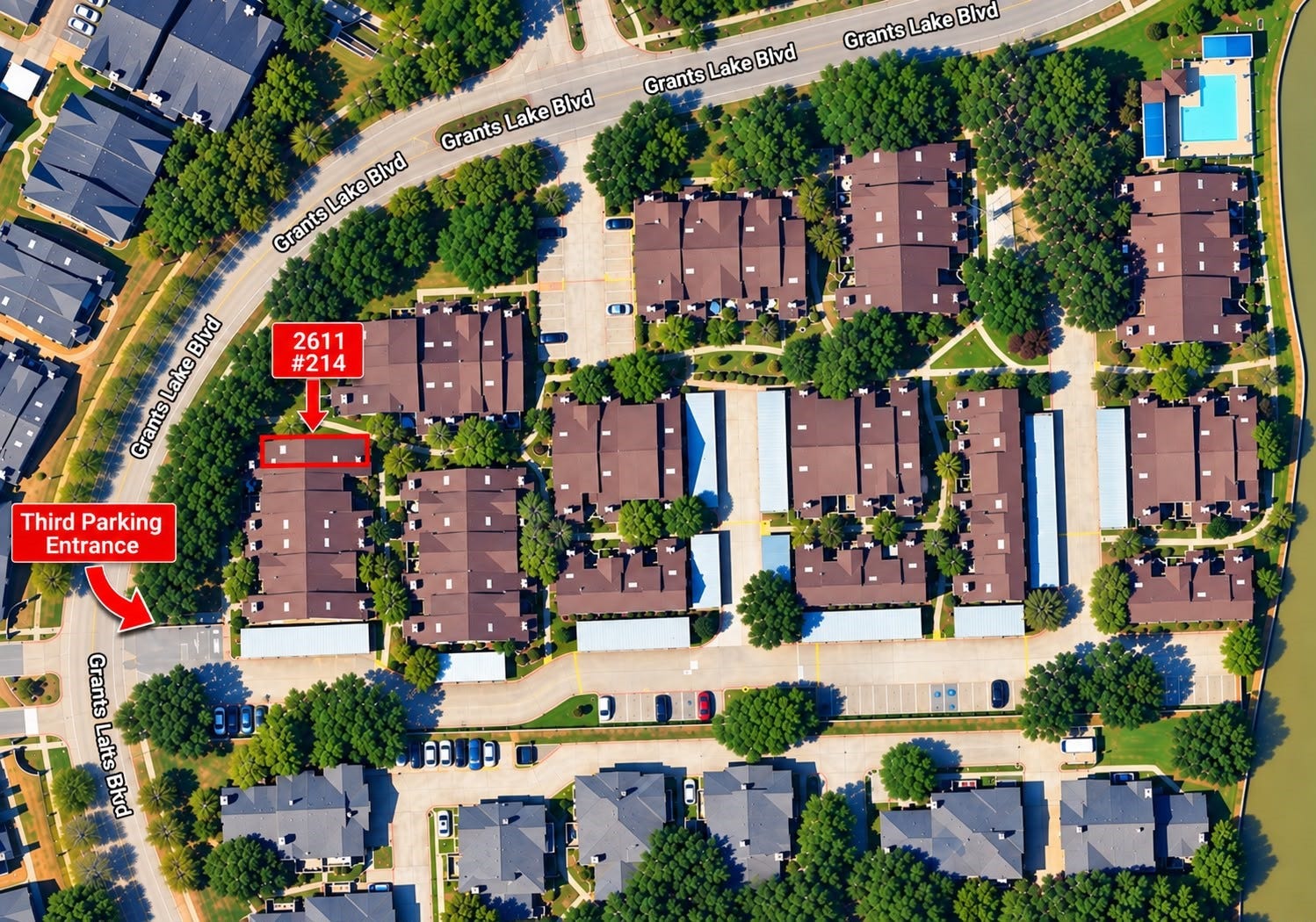 2611 Grants Lake Boulevard, #214, Sugar Land, TX 77479 From Hwy 6, turn onto Grants Lake Blvd. The Grants Lake complex will be on your left. Enter through the third parking entrance, which wraps around the corner. Continue into the complex to Unit #214.