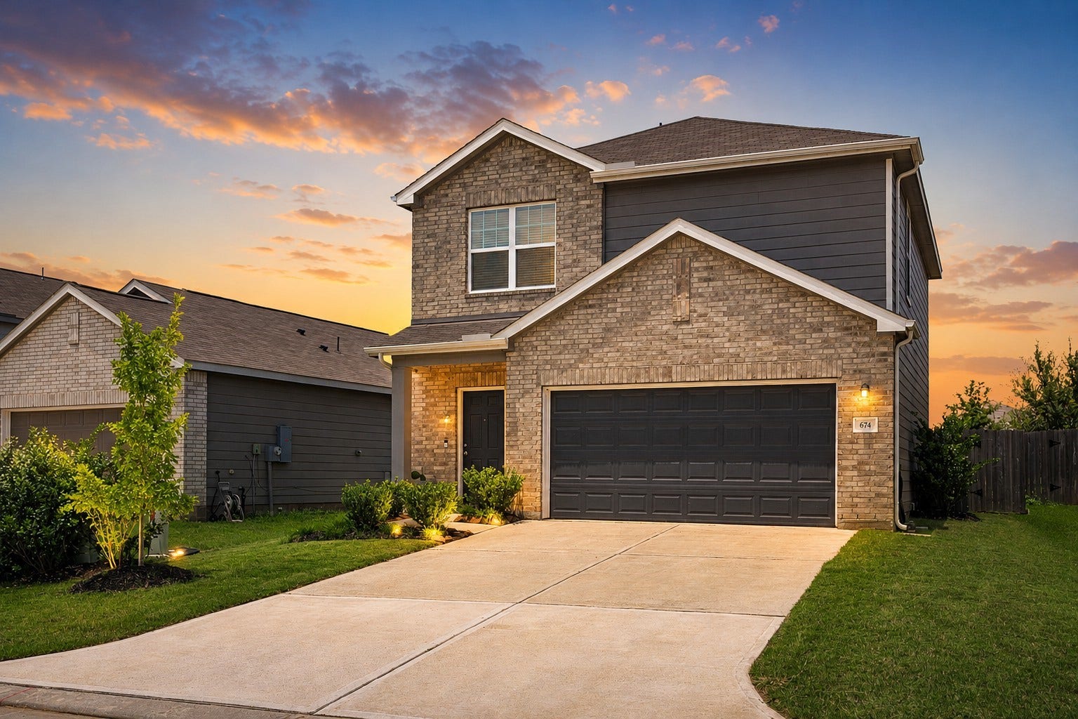 Welcome home! Stunning twilight view of this beautiful two-story brick home with charming curb appeal