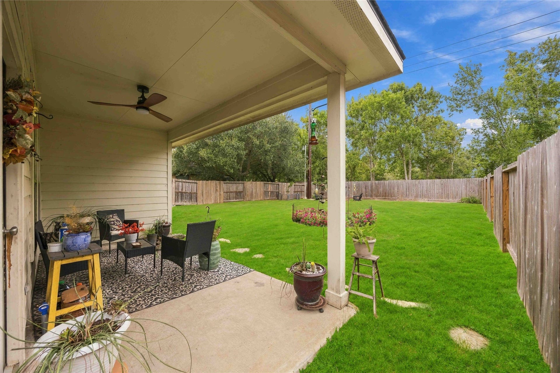 11415 English Rose Trail, Missouri City, TX 77459 Covered back patio with a ceiling fan overlooking the expansive, fully fenced backyard.