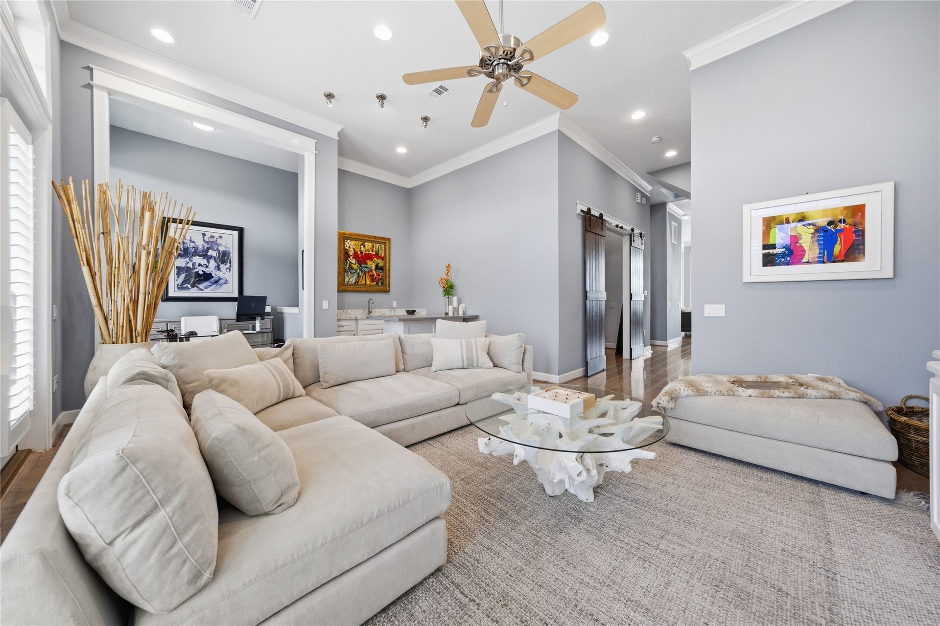 2174 Marina Way, Kemah, TX 77565 At the front of the house is this flex space that could be a second living area, a game room, or convert it to a 4th bedroom. Three sets of french doors access the front balcony. Notice the home office alcove and the wet bar.