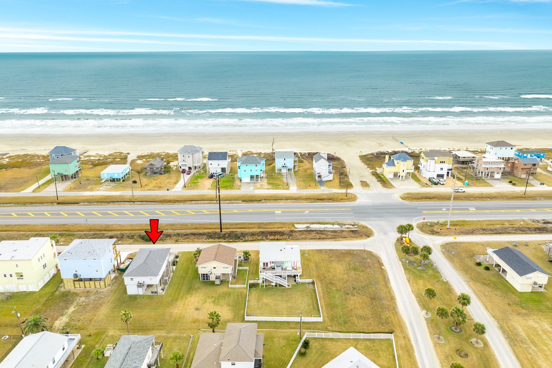 23012 Verano Drive, Galveston, TX 77554 Aerial view of home and beach. In this view you see the entrance to the Terramar Beach access point.