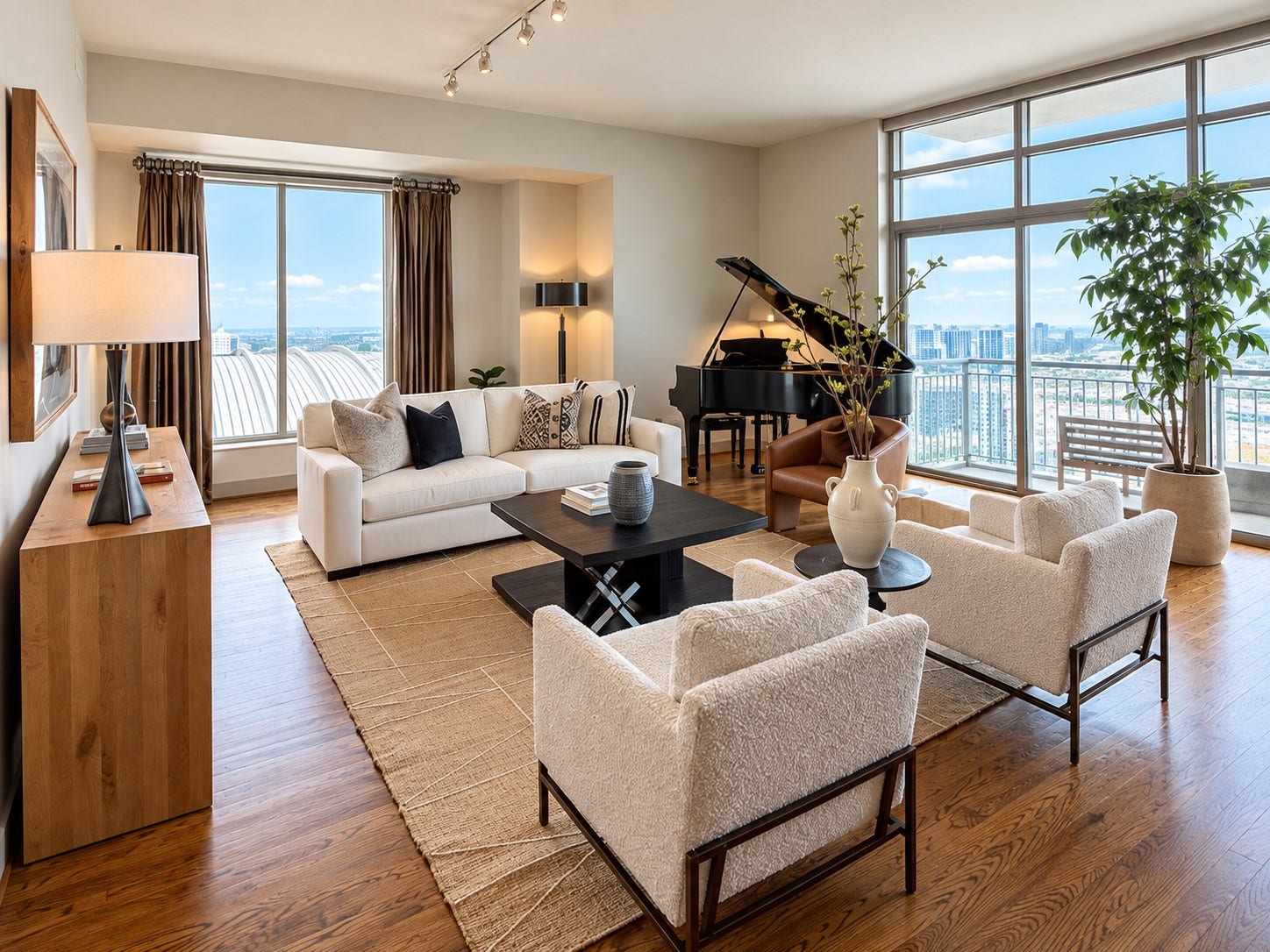 This is the kind of room that makes you want to stay awhile. Expansive windows bring the city into the home, while soaring ceilings and generous proportions create an airy sense of luxury without sacrificing warmth. I love how this space feels equally right for a quiet evening at home or a beautiful night of entertaining.