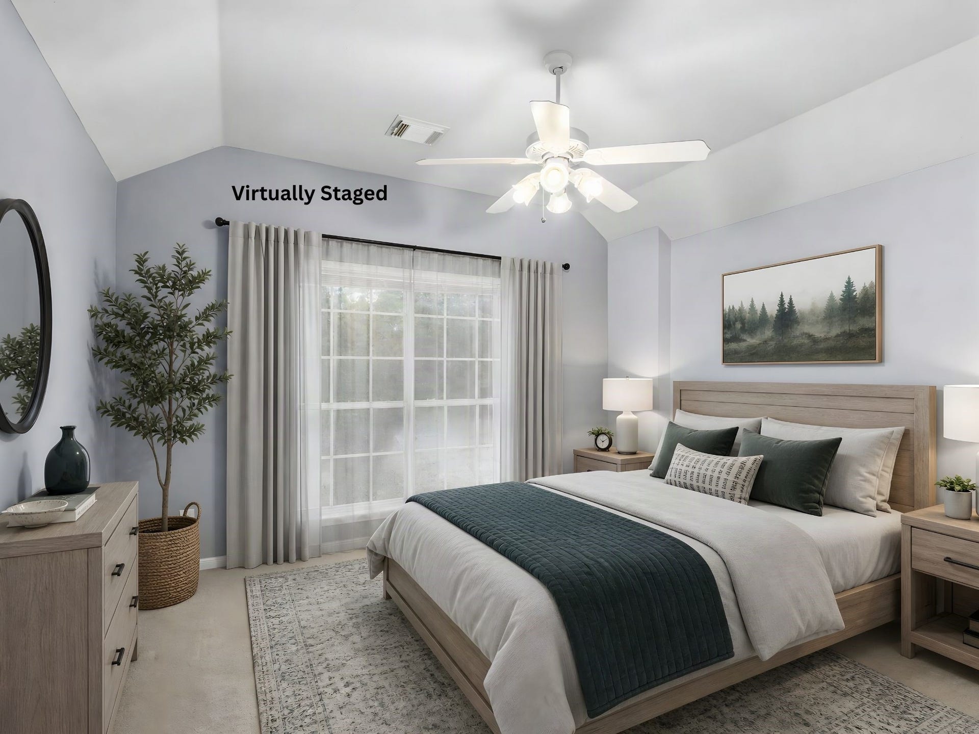 This virtually staged bedroom illustrates another design possibility for the home's flexible bedroom spaces, emphasizing comfort, privacy, and a calming atmosphere. Buyers can use the staging as inspiration while imagining their own colors, furniture, and dcor. Virtual furnishings are not included.