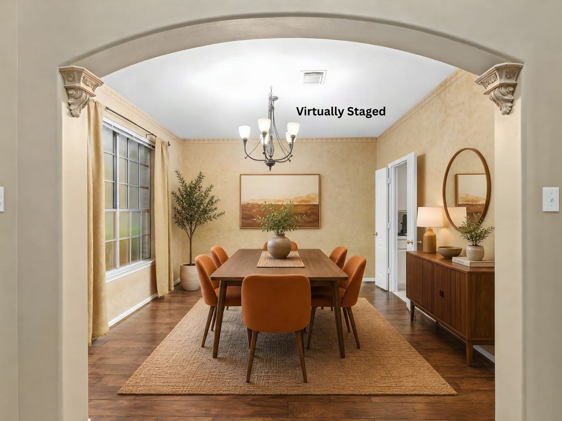 Virtually staged dining room demonstrates how the generous space can be transformed into an inviting gathering area for dinners, celebrations, and everyday family moments. Virtual staging is provided to illustrate the room's potential and scale; furnishings shown are not included.