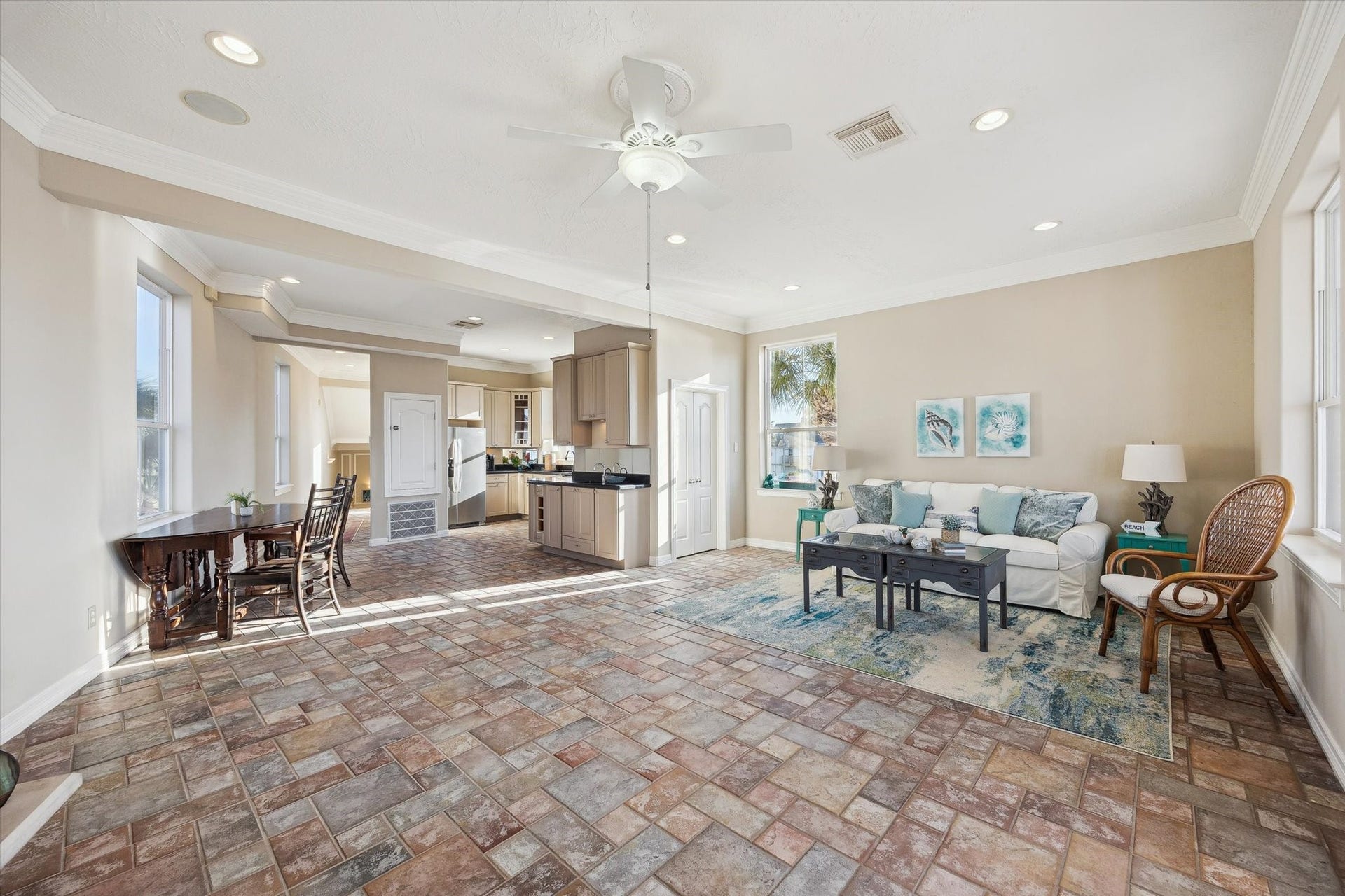 Direct flow from kitchen to dining to relaxing to the outside patio