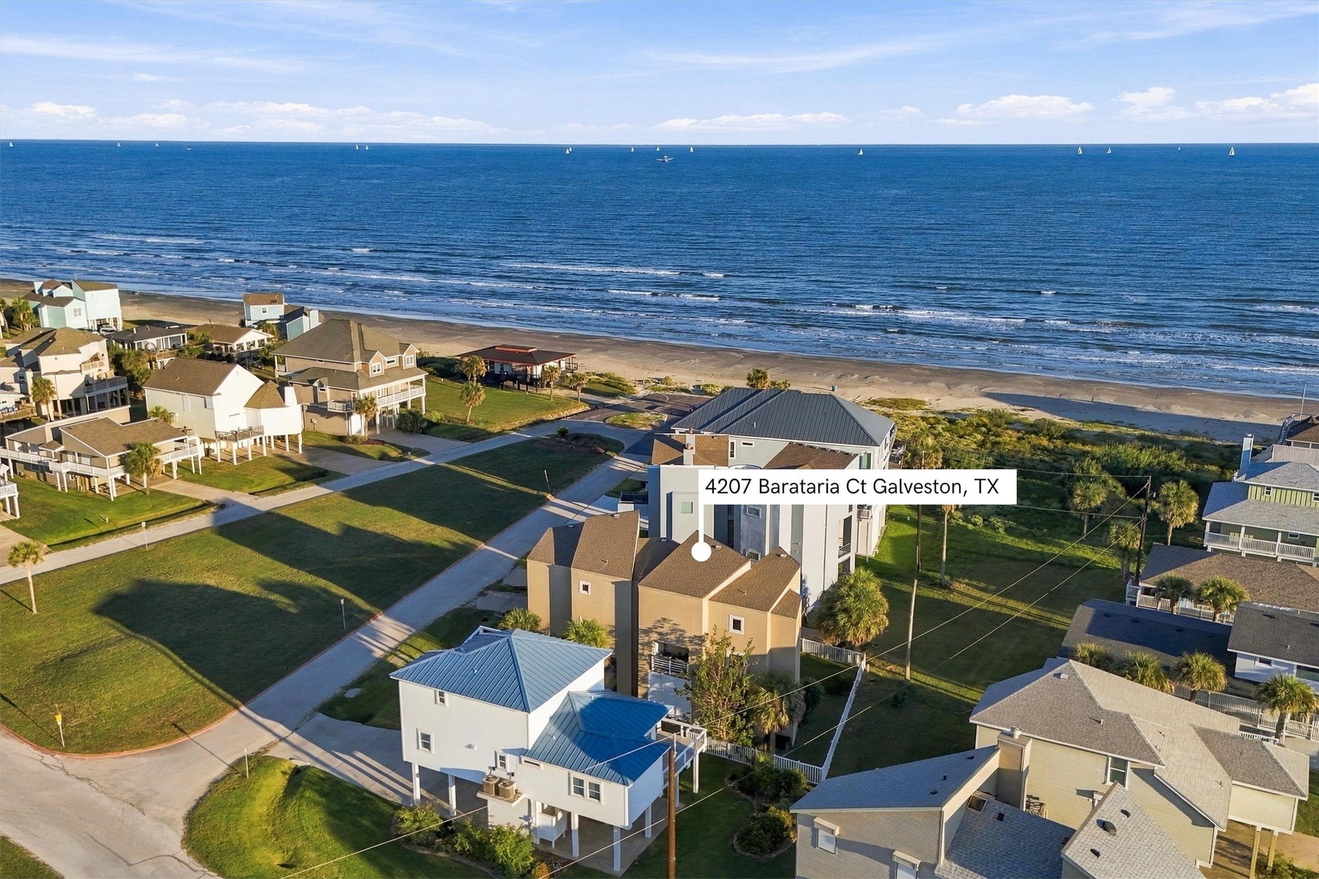 4207 Barataria Court, Galveston, TX 77554 See just how close your next beach day could be. This aerial view highlights 4207 Barataria Courts setting just steps from the shoreline, where morning walks and spontaneous afternoons by the waves await.
