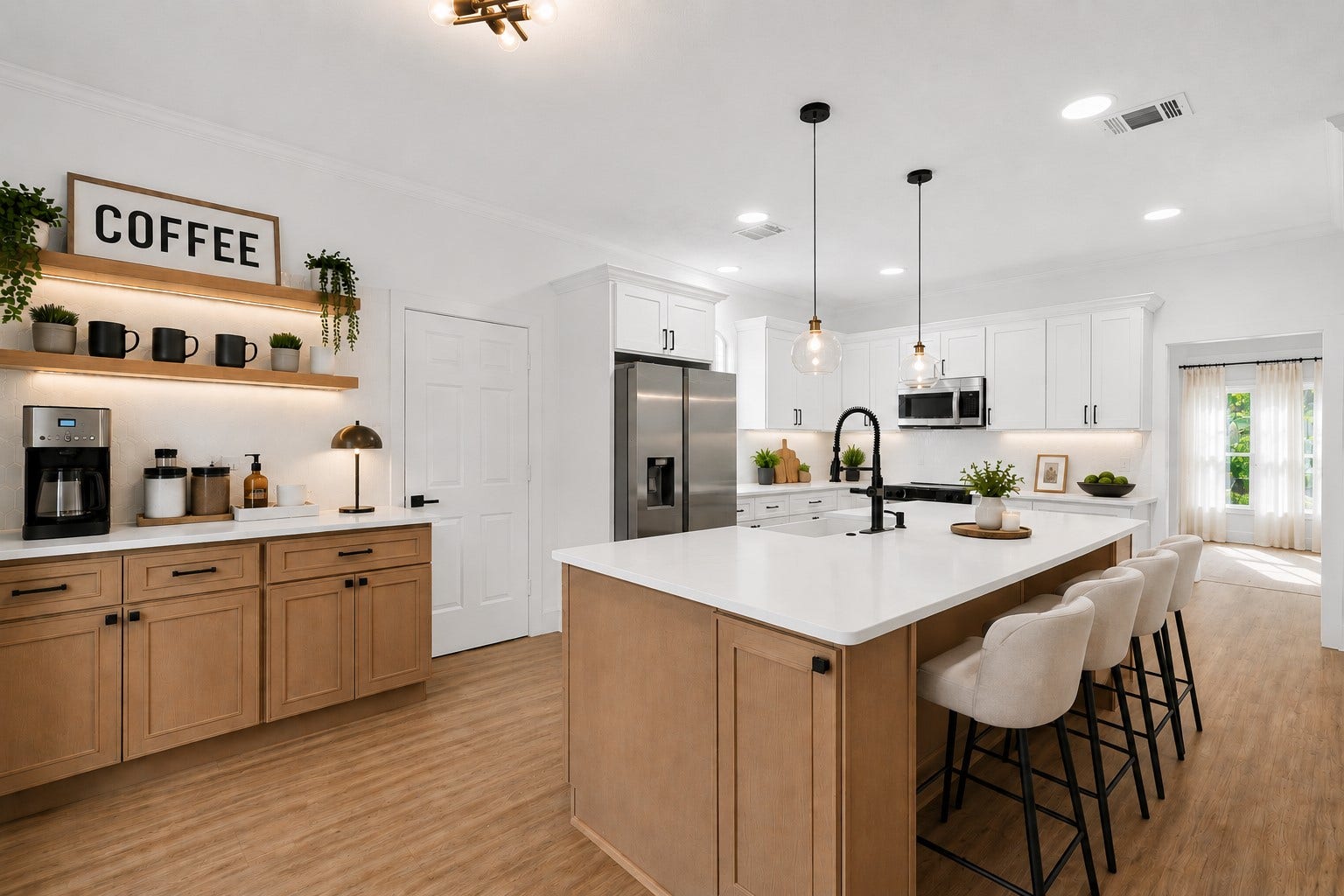 523 Rampart Lane, Conroe, TX 77302 Stylish kitchen featuring a spacious island with seating, modern pendant lighting, and ample cabinetry in a warm wood color, complemented by sleek stainless steel appliances and a cozy coffee nook. Photo digitally staged.