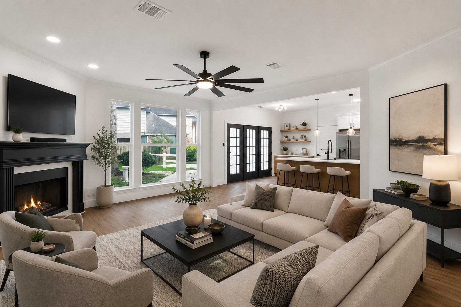 523 Rampart Lane, Conroe, TX 77302 Spacious and inviting living area featuring a cozy fireplace, elegant ceiling fan, and large windows offering abundant natural light, seamlessly connected to a modern open kitchen with sleek countertops and stylish bar seating. Photo digitally staged.