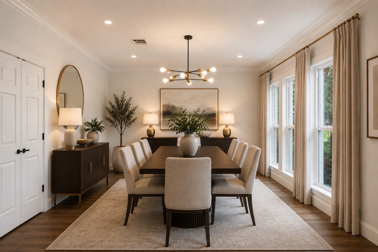 523 Rampart Lane, Conroe, TX 77302 Elegant dining room with ample natural light, featuring a modern chandelier. Photo digitally staged.