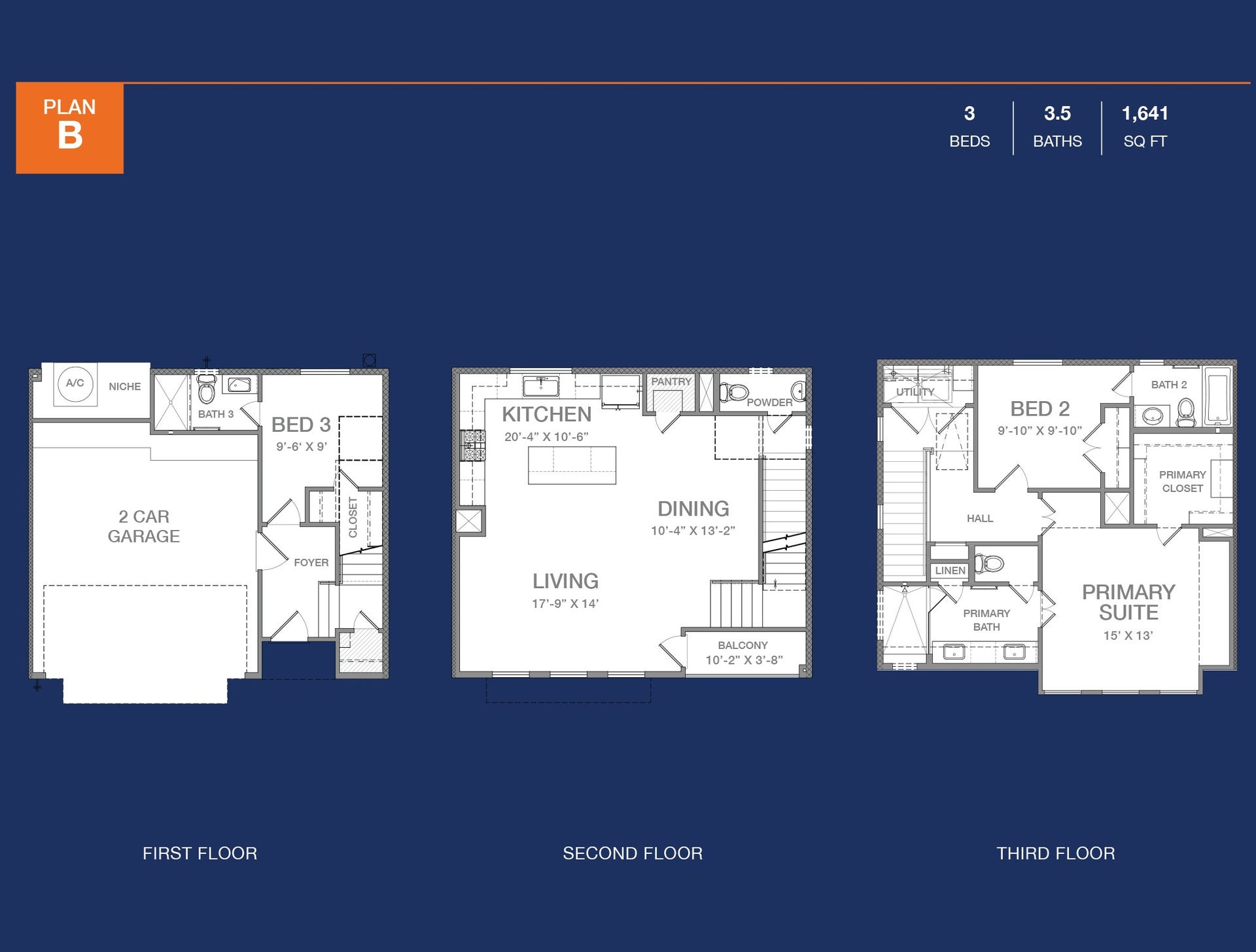 Floor plans showcasing the thoughtfully designed three story layout with three bedrooms and three and a half bathrooms.