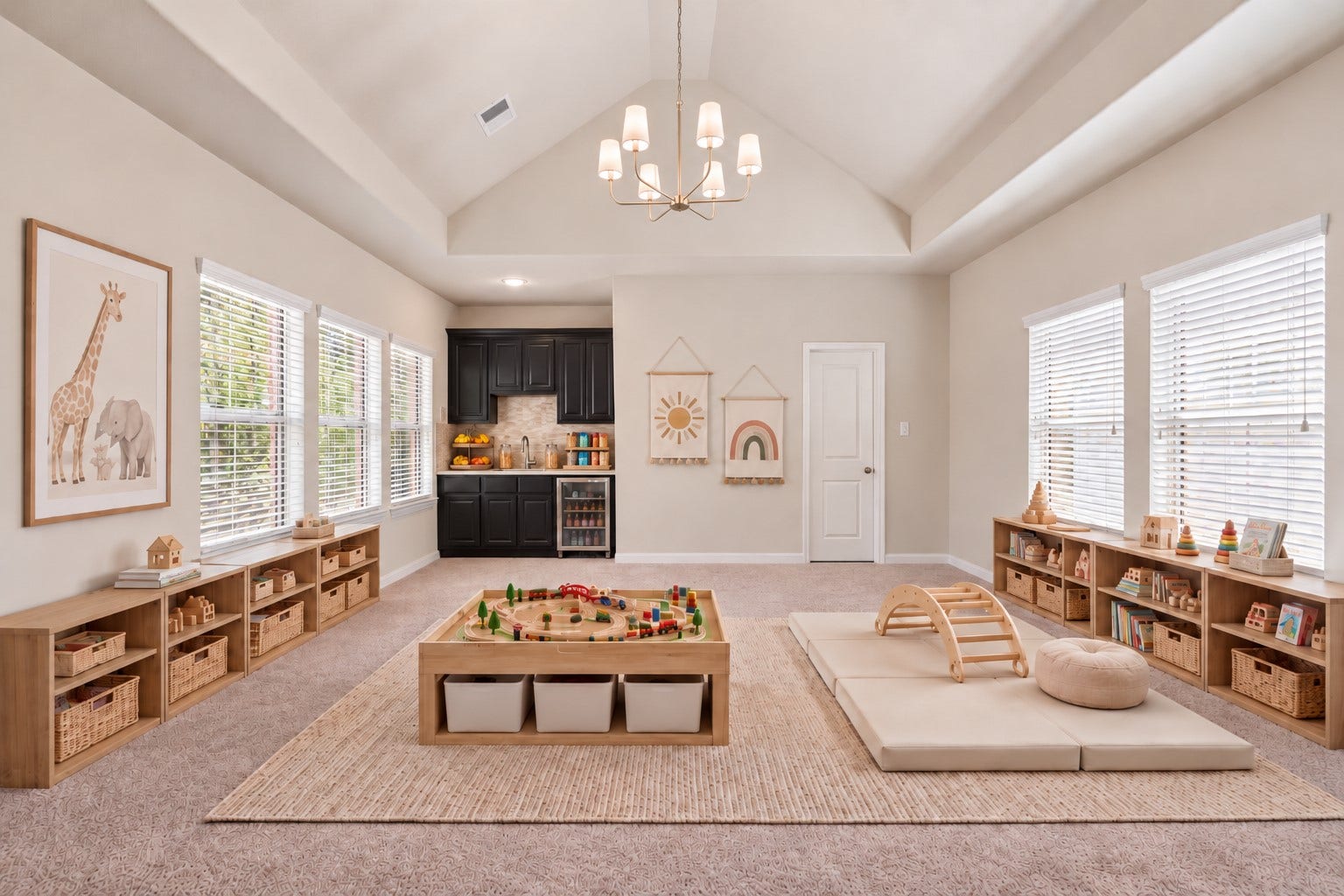 A spacious gameroom/playroom designed for fun and functionality, featuring built-ins, sink, & beverage frig that create the perfect snack bar setup, plus a conveniently located powder bath just off the spaceideal for entertaining and everyday living.