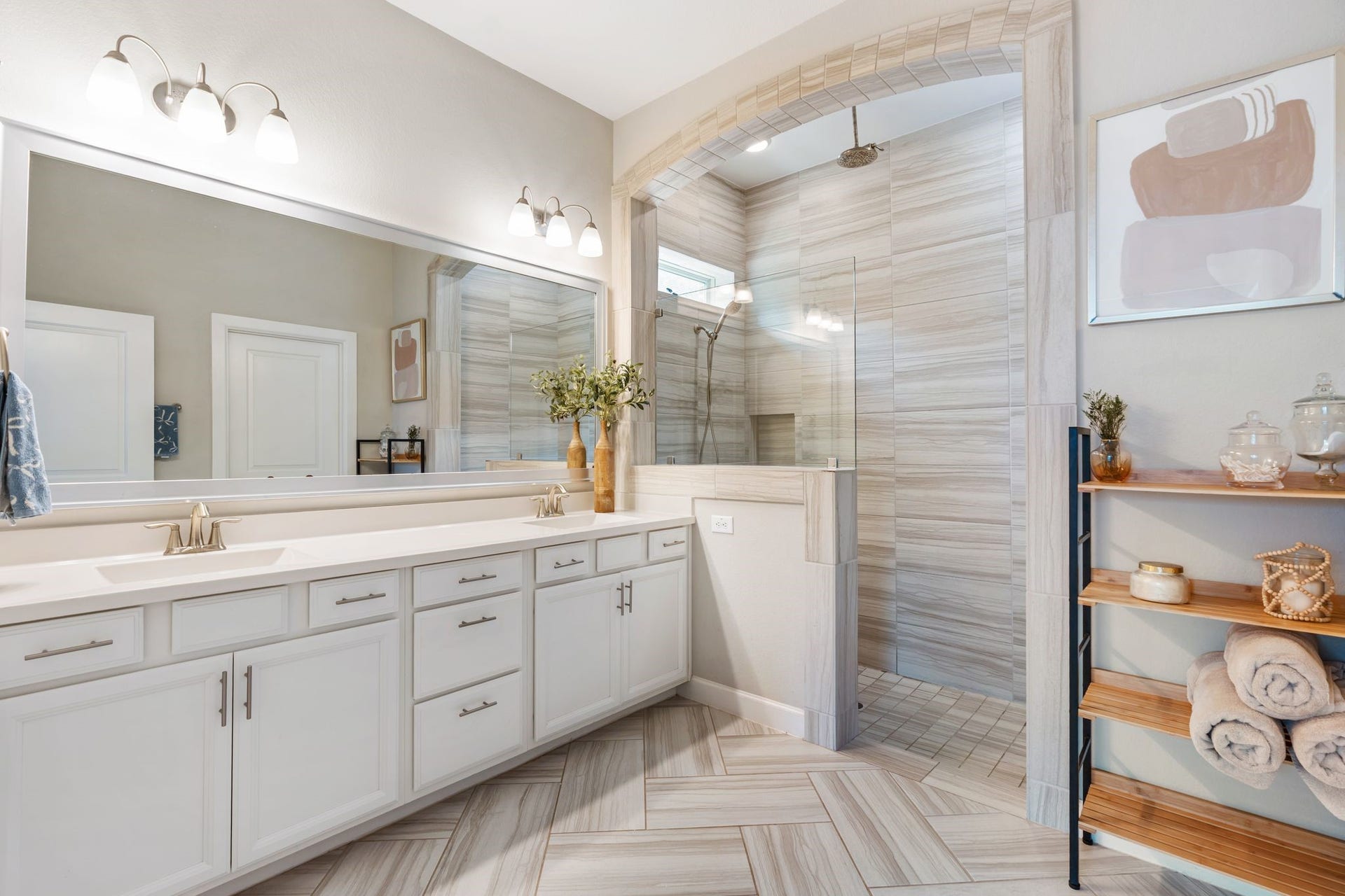 Absolutely gorgeous primary bathroom with a massive walk-in shower.