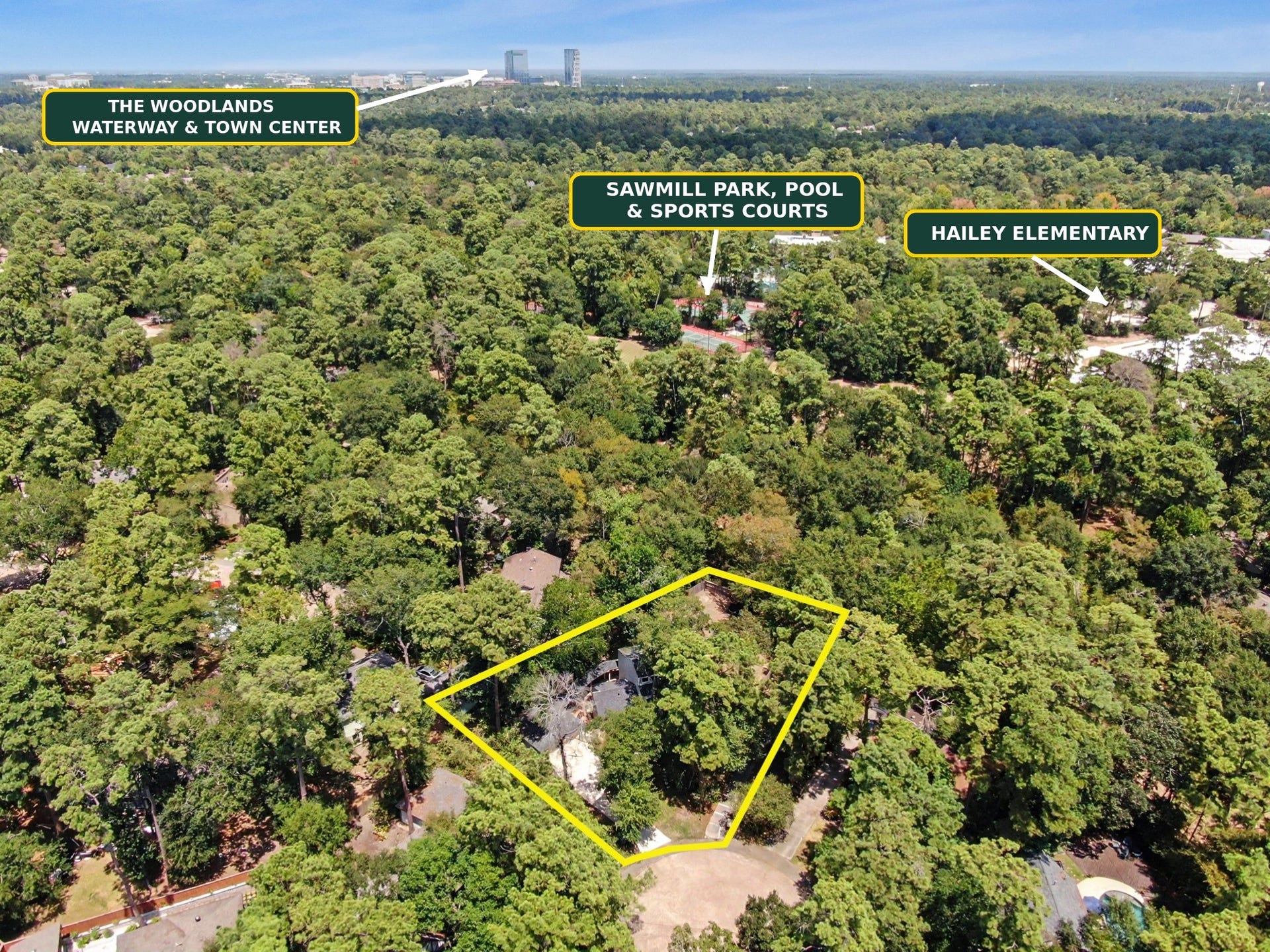 2314 Chestnut Oak Place, The Woodlands, TX 77380 Aerial view highlights the homes proximity to Sawmill Park, pool, sports courts and Hailey Elementary, with The Woodlands Waterway and Town Center skyline visible in the distance.