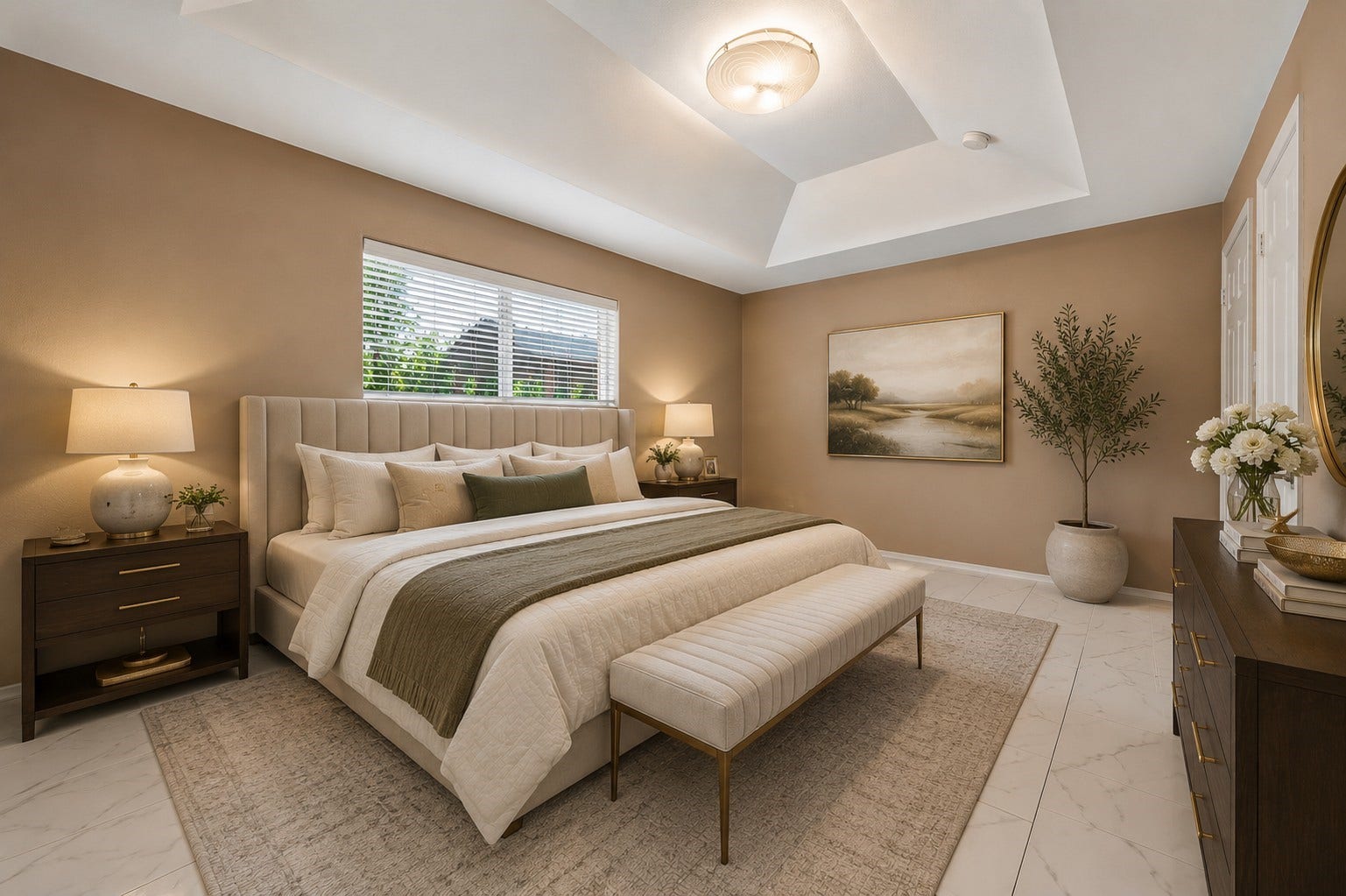 Primary bedroom with a spacious layout. tray ceiling and plenty of natural light