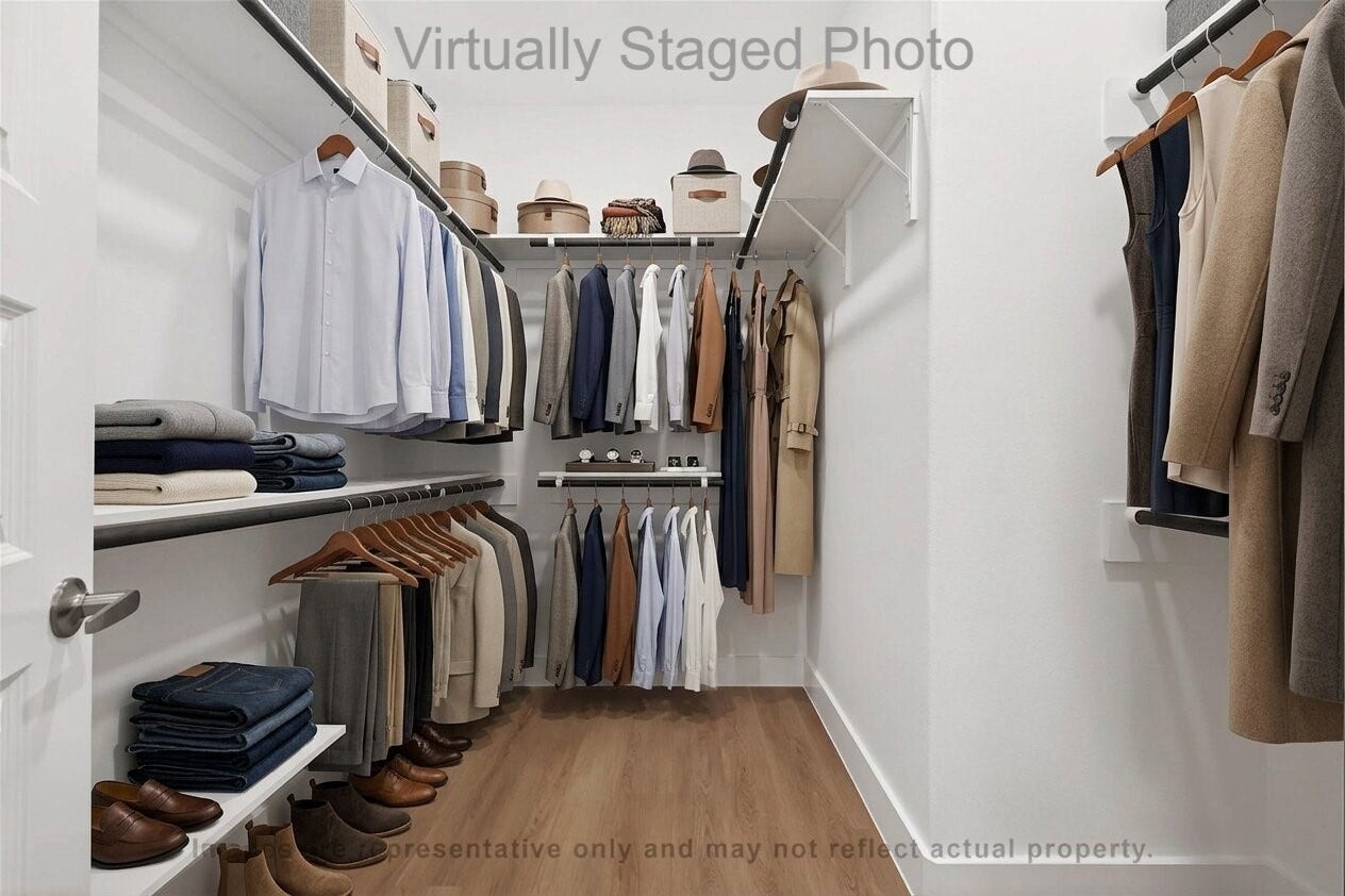 10719 Mason Rd, #32, Richmond, TX 77406 Virtual Staging - This is a neatly organized walk-in closet featuring white shelving, neatly hung garments, folded clothes, and shoes arranged on a light wood floor