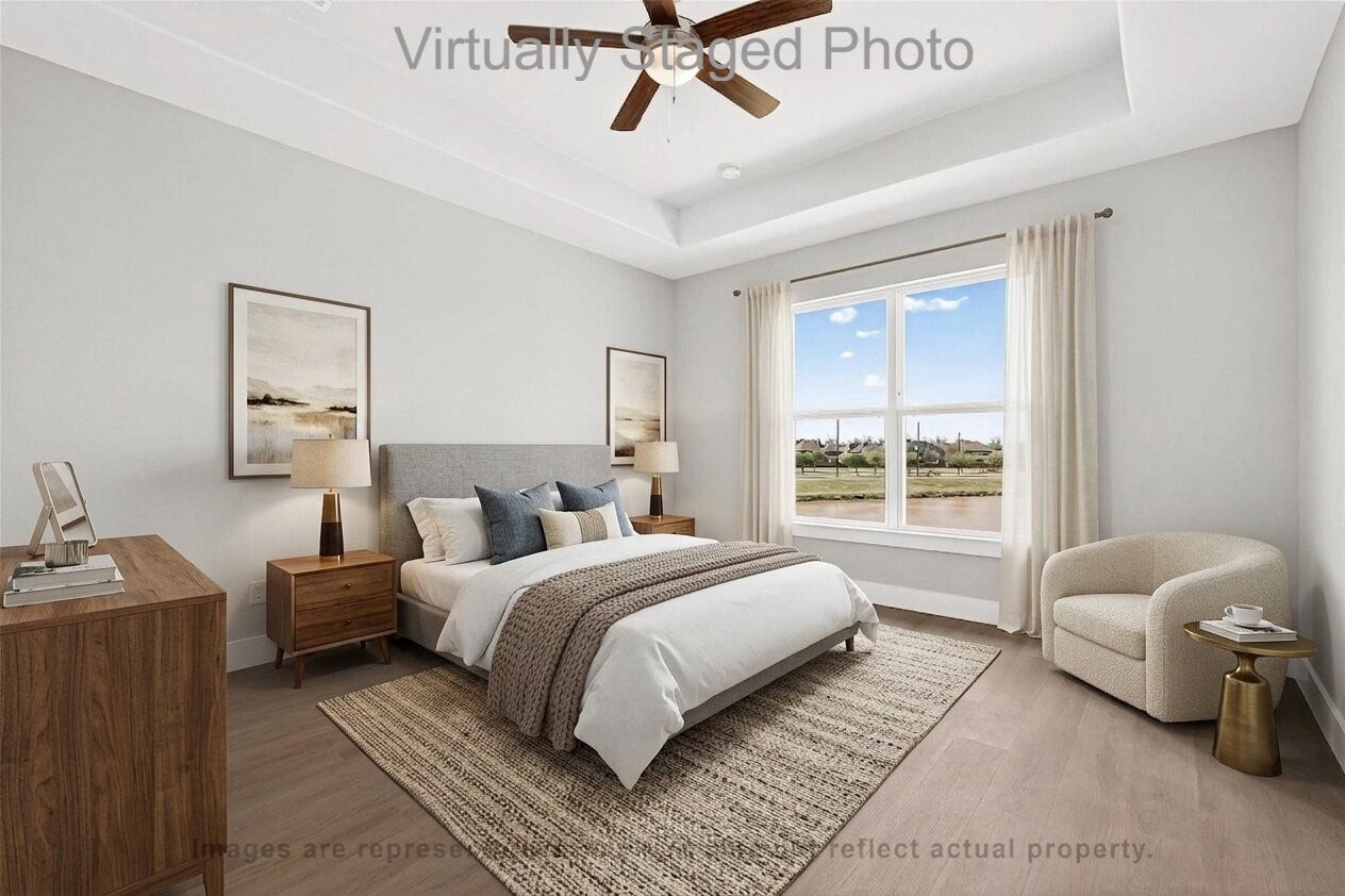 10719 Mason Rd, #32, Richmond, TX 77406 Virtual Staging - Well-lit bedroom featuring a comfortable bed, warm wood furnishings, and a large window with a scenic view