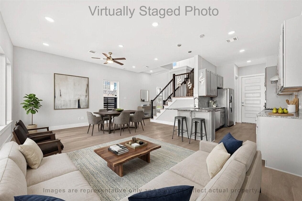 10719 Mason Rd, #32, Richmond, TX 77406 Virtual Staging - Open-concept home featuring a seamless flow between the modern living area, dining space, and kitchen