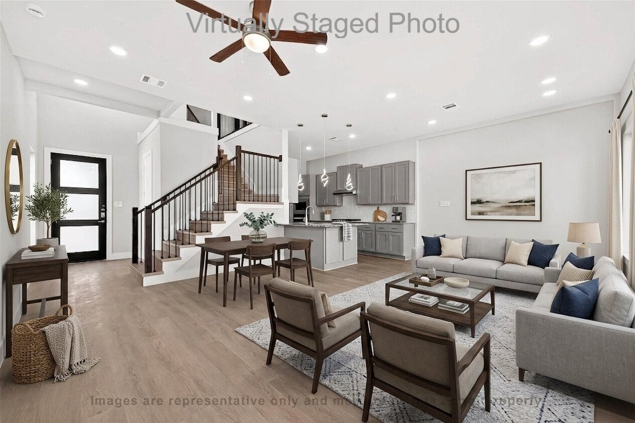 10719 Mason Rd, #32, Richmond, TX 77406 Virtual Staging - Open-concept living area featuring a gray sectional sofa, an adjacent dining space, and a seamless flow into a modern kitchen