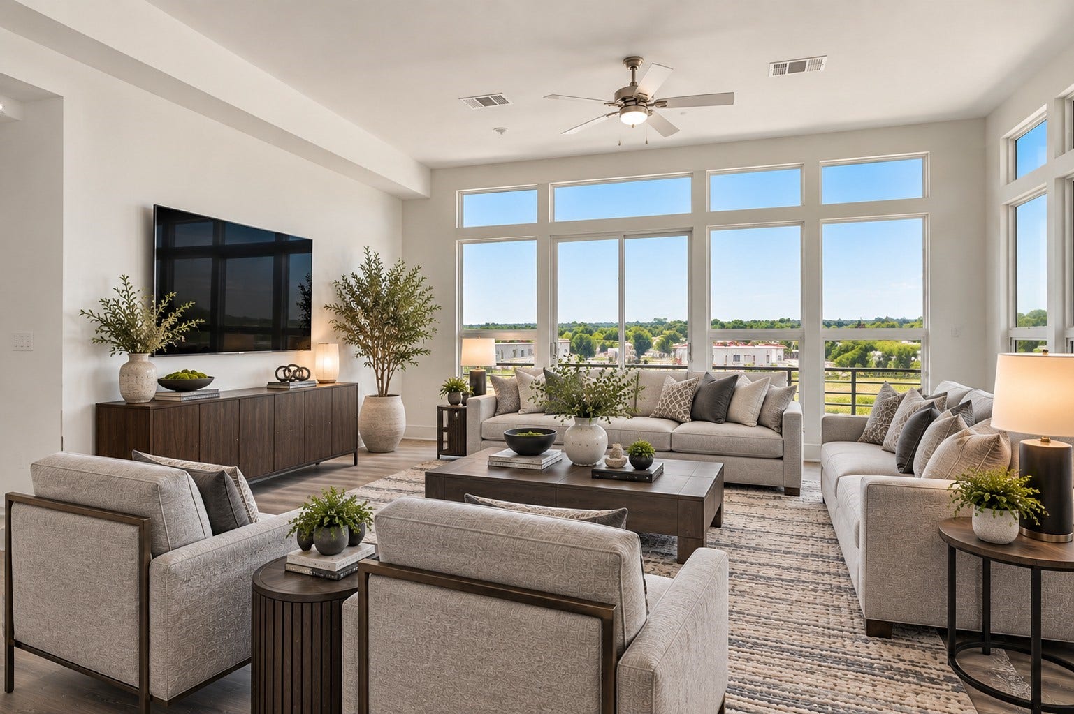 119 Kirby Road, #5303, Taylor Lake Village, TX 77586 Spacious and bright living room with modern furnishings, large windows offering scenic views, and tasteful decor creating a welcoming atmosphere. (Virtually staged room).