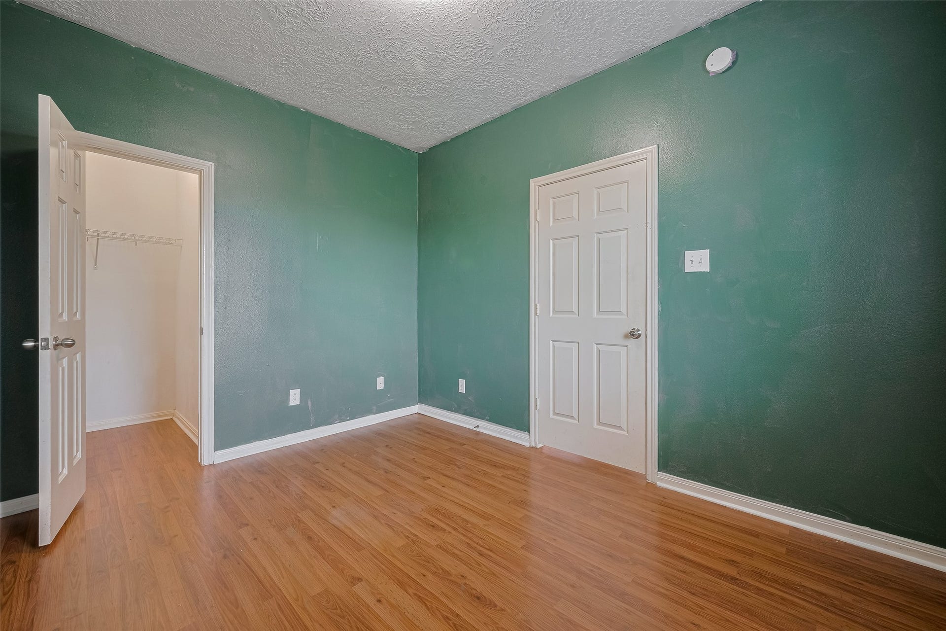 11214 Palmsprings Drive, Houston, TX 77034 Additional bedroom features green walls, wood-look flooring, and a closet.