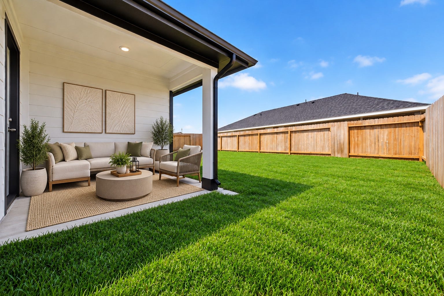 31214 Carmelas Landing Drive, Fulshear, TX 77441 Virtually staged covered patio to show space usage