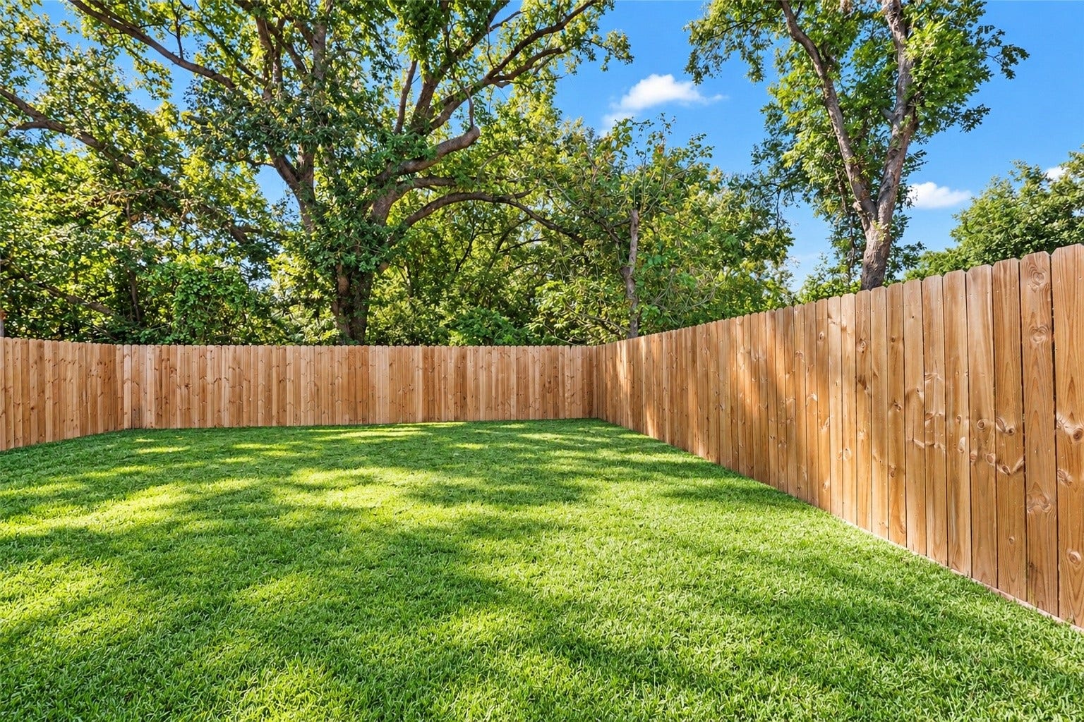 8709 Wheatley Street, Houston, TX 77088 Unit B: Spacious fenced backyard with mature trees beyond the property.