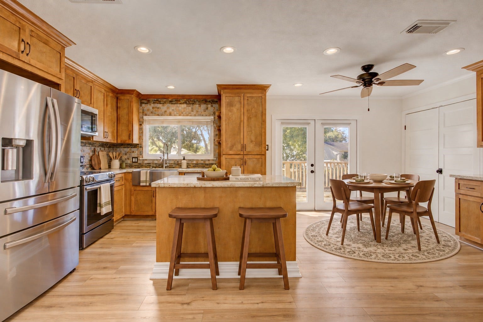As you enter this customized modern kitchen, you have an island, and beautiful floors *virtually staged*