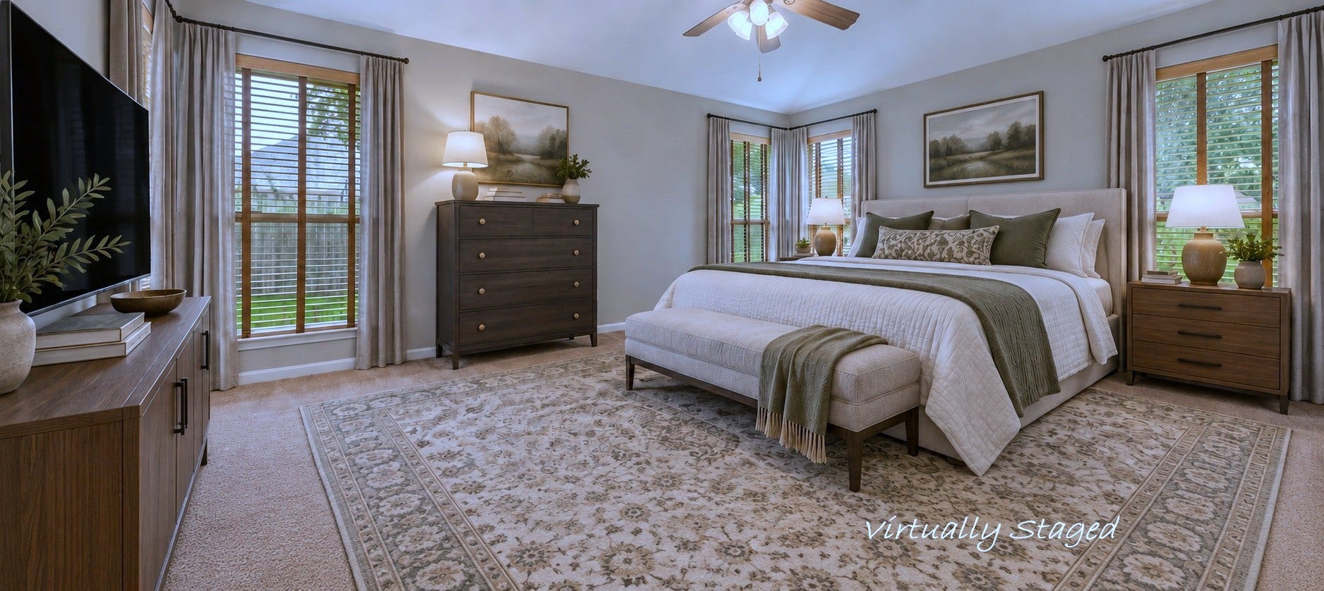 1859 Pembrook Circle, Conroe, TX 77301 Virtually staged primary bedroom. The oversized primary closet is accessed through bathroom. Wait until you see how much room there is! Built in shelving and plenty of hanging space.