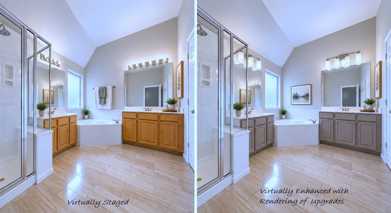 1859 Pembrook Circle, Conroe, TX 77301 CURRENT primary bathroom on LEFT, virtually staged. VIRTALLY ENHANCED cabinet color and light fixtures on RIGHT. Travertine flooring! Dual sink areas, separate tub & shower and private WC. Oversized walk-in closet accessed from bathroom.
