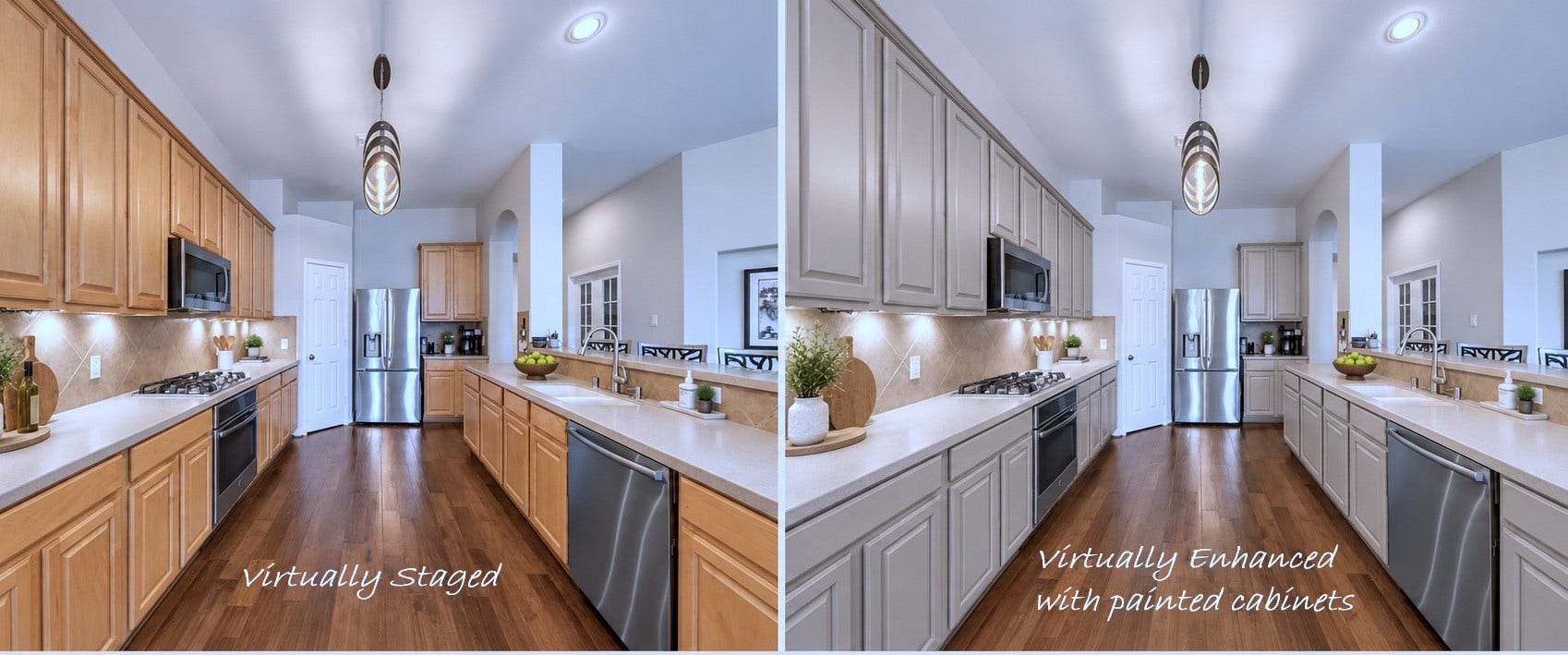 1859 Pembrook Circle, Conroe, TX 77301 Rendering comparing current cabinets with painted option! Quick refresh!! Virtually enhanced cabinet color on Right. CURRENT light walnut-stained CABINETS on Left. Virtually staging