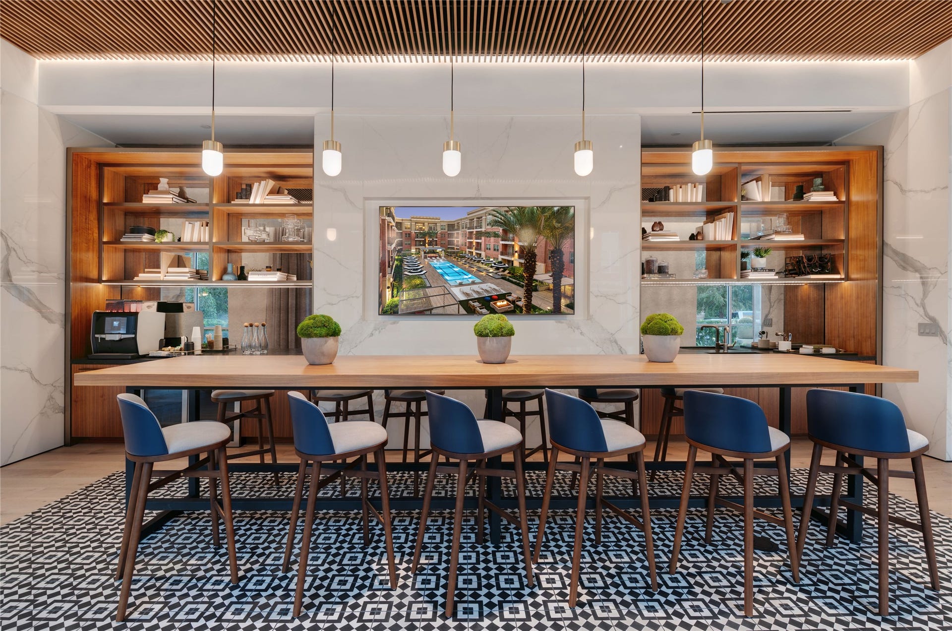 180 Malone Street, #2317, Houston, TX 77007 Just one extension of many of your living spaces is the coffee bar. All common areas have complimentary wifi including the media/movie room, Pet Spaw, multiple work areas and a business center. Catering kitchen with party room