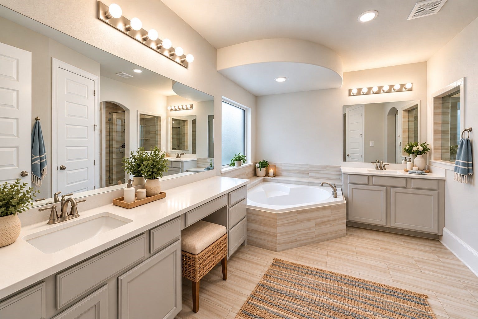 27106 Spanish Wind Court, Magnolia, TX 77354 The primary en-suite is spacious with dual vanities, and offers a garden tub and walk in modern style shower.