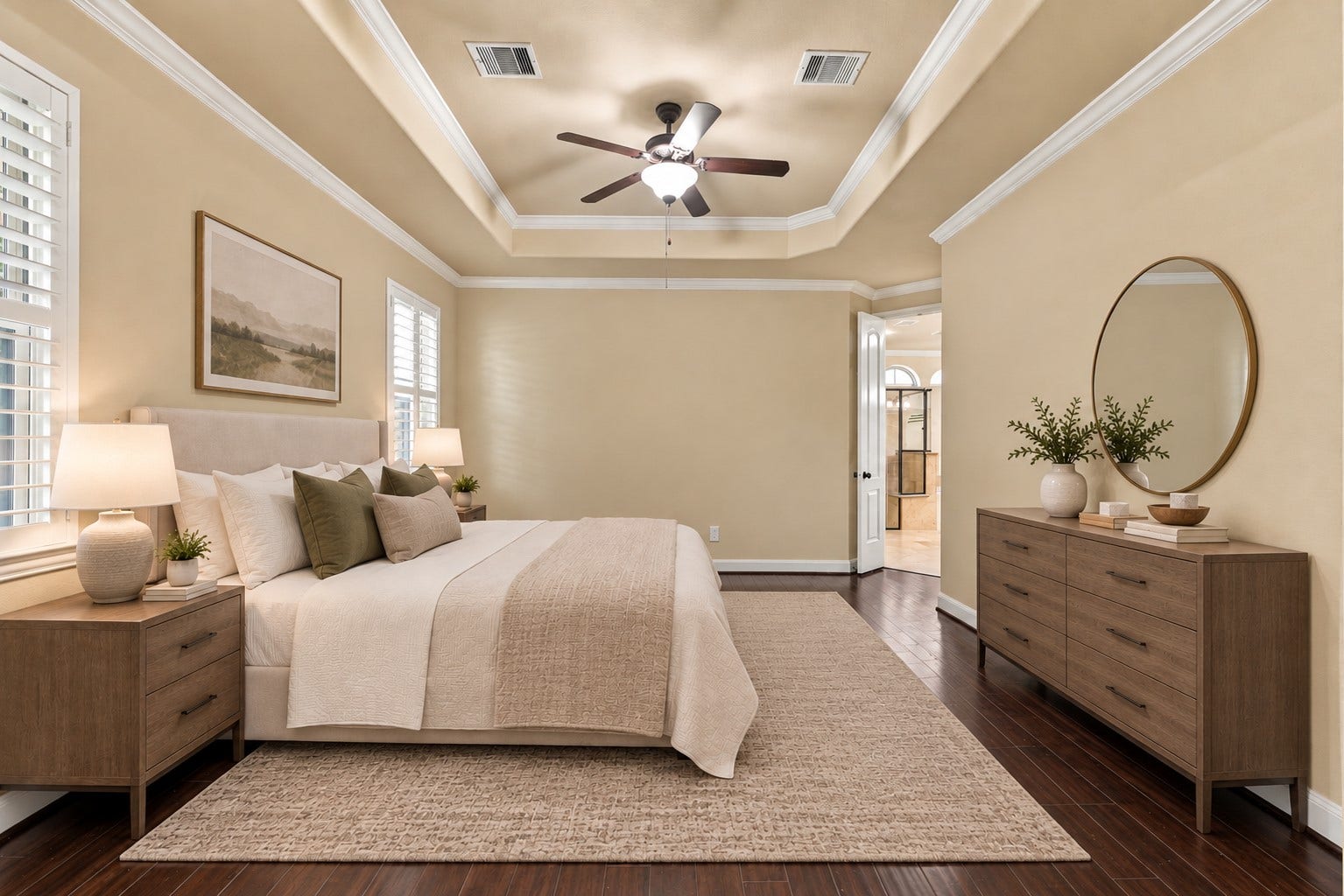 7343 Meadowcroft Boulevard, Sugar Land, TX 77479 Experience the perfect blend of comfort and style in this virtually rendered primary bedroom, featuring stunning tray ceilings with crown molding, rich wood flooring and even extra space to use as a reading corner!
