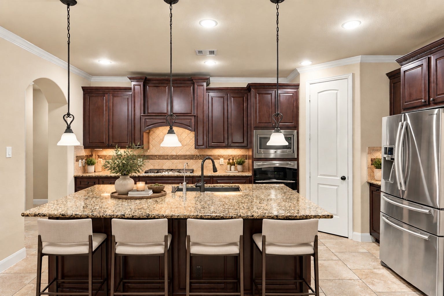 7343 Meadowcroft Boulevard, Sugar Land, TX 77479 Virtually rendered kitchen, featuring rich wooden cabinetry, sleek stainless steel appliances, and a spacious granite island!