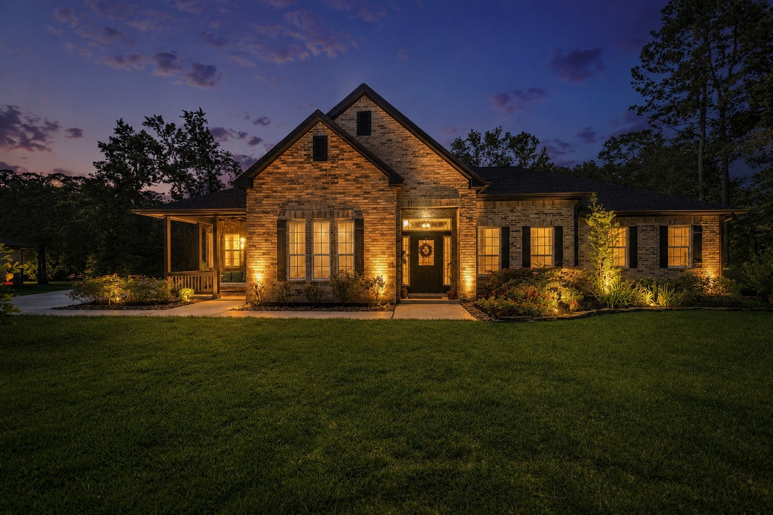 14663 Diamond Shores, Willis, TX 77378 Custom landscape uplighting across the front, side, and back of home