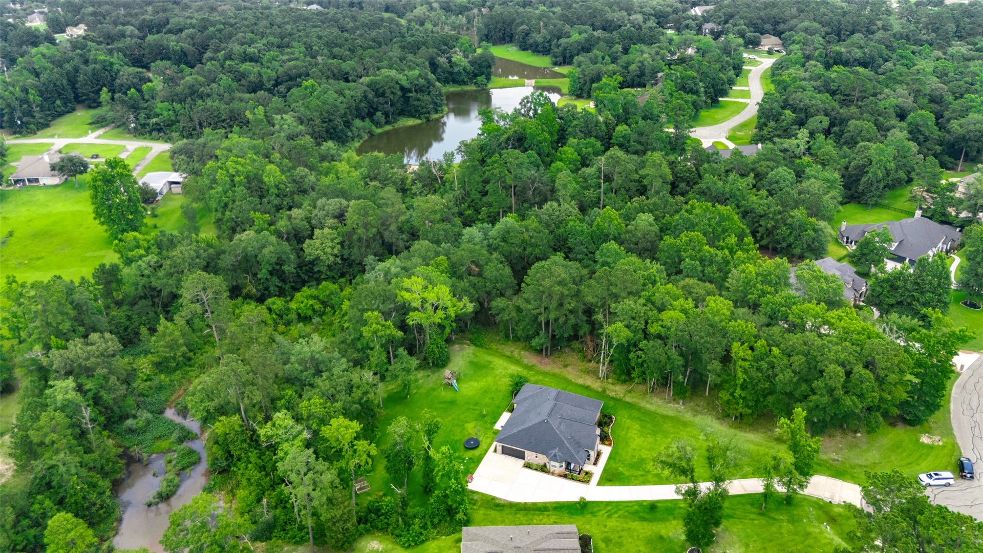 14663 Diamond Shores, Willis, TX 77378 Aerial view of the property and community lake