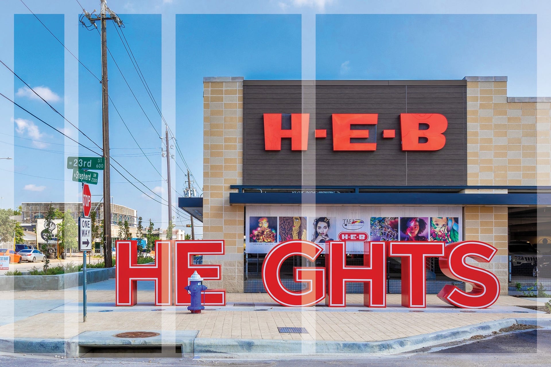 The HEB is neatly tucked at North Shepherd and 24th Street. Shoppers can park on the ground level and take elevators or escalators up to the store. A separate escalator is designed for maneuvering shopping carts up and down.