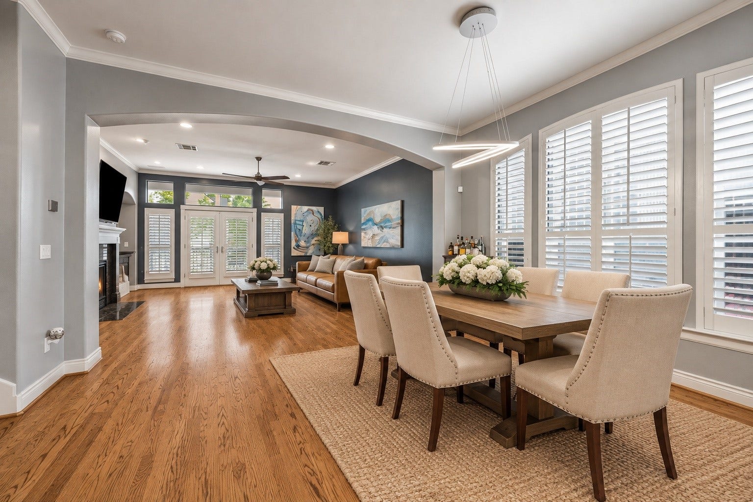 The formal dining area is open to the large gourmet kitchen and the wonderful family room with fireplace