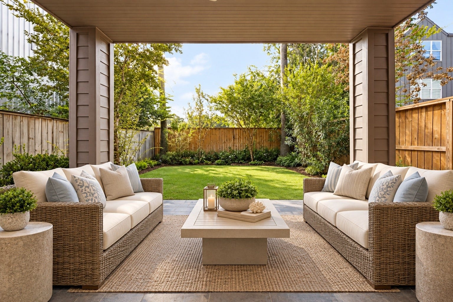 The virtually staged huge covered patio opens onto the large and private back yard that is large enough for a pool