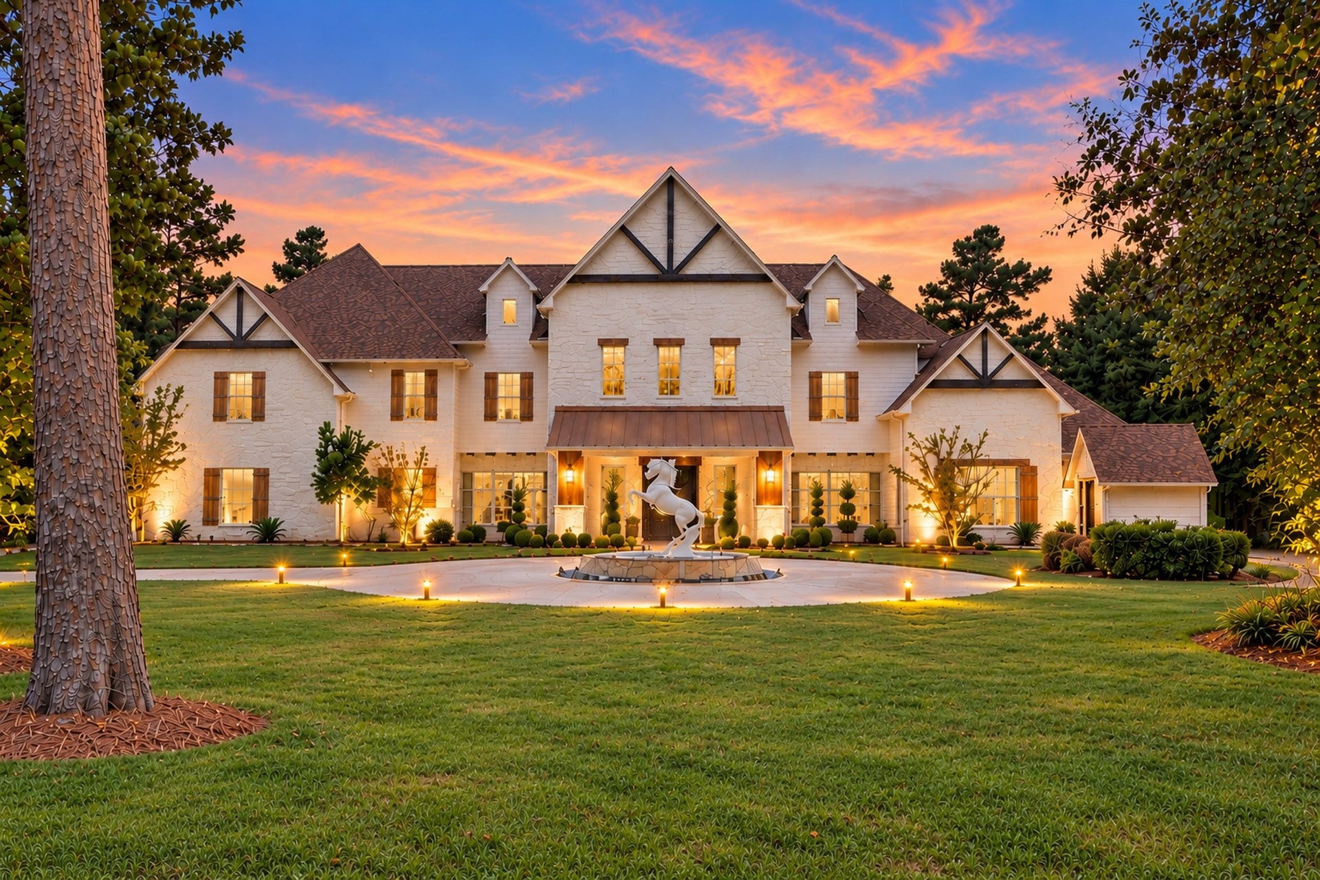 37753 Marias Way, Magnolia, TX 77354 A striking twilight view highlights the homes architectural details, circular drive, illuminated landscaping and signature horse fountain.