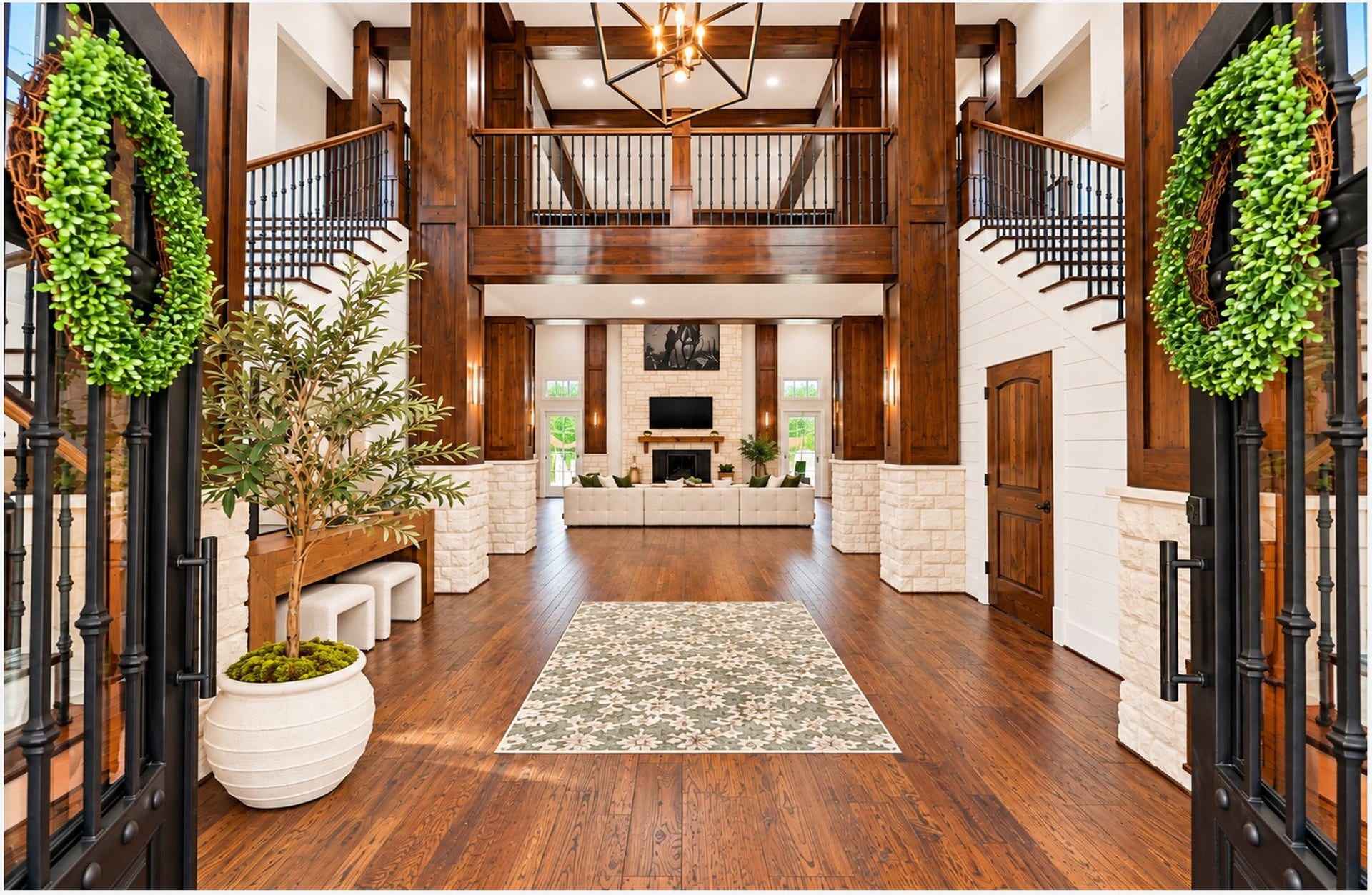37753 Marias Way, Magnolia, TX 77354 Step inside to a dramatic two-story entry with double staircases, where rich wood beams, stone accents and iron details set the tone for the homes distinctive design.
